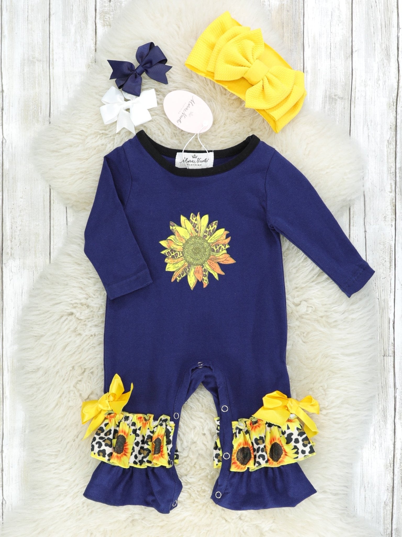 Navy & Leopard Sunflower Ruffle Romper - Marie Nicole Clothing