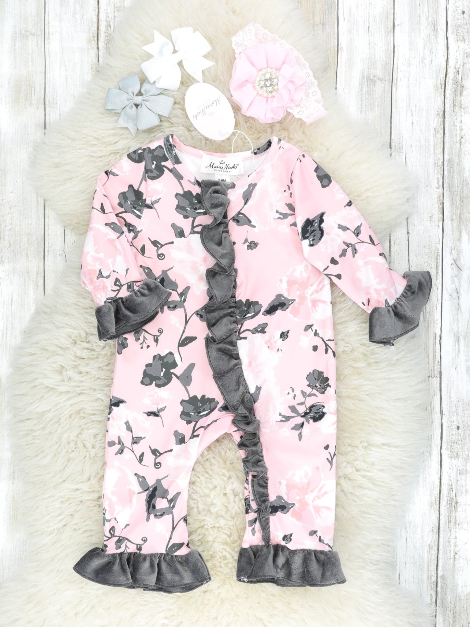 Pink & Grey Floral Velvet Ruffle Romper - Marie Nicole Clothing