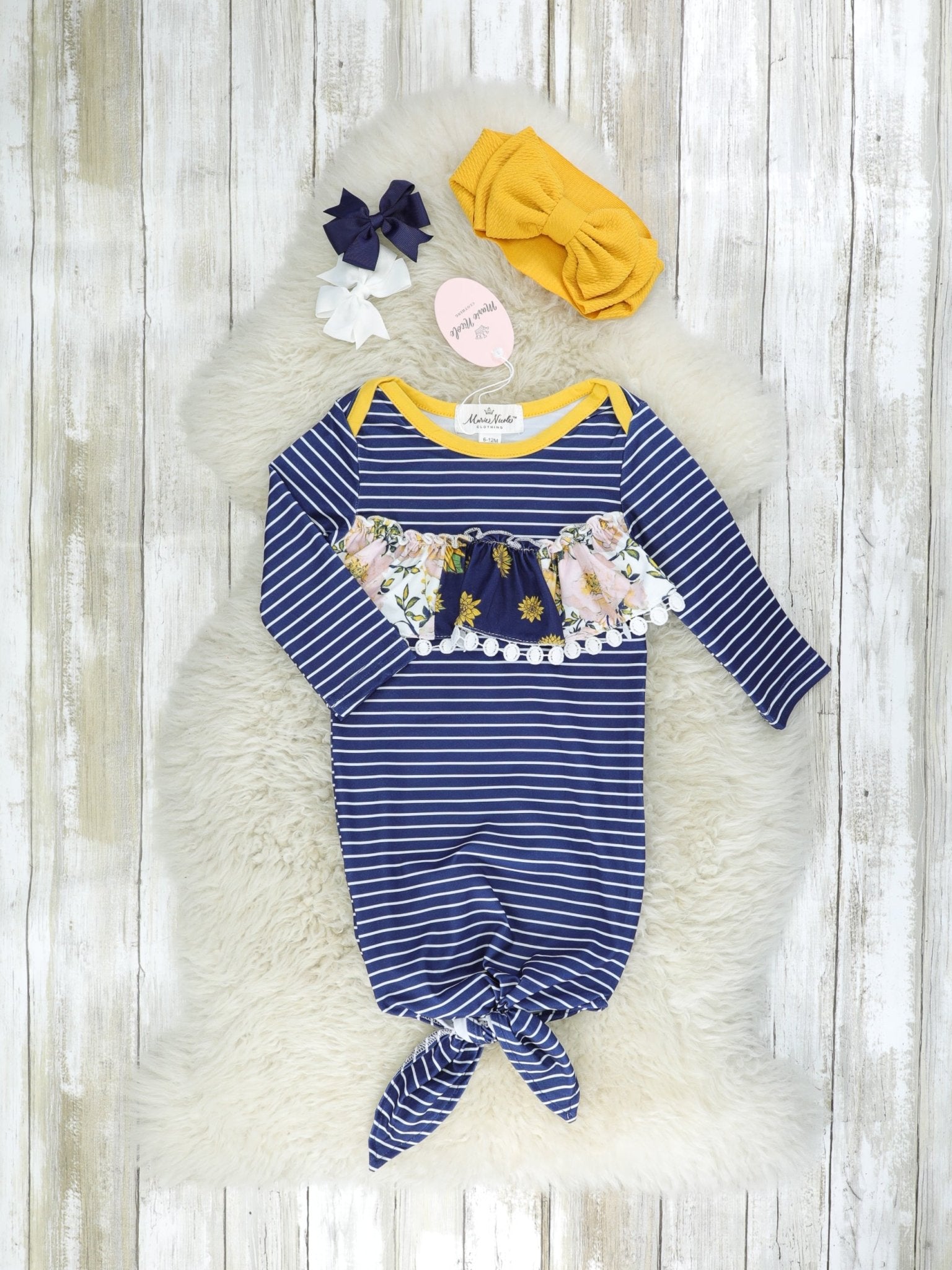 Navy & Mustard Floral Ruffle Gown - Marie Nicole Clothing