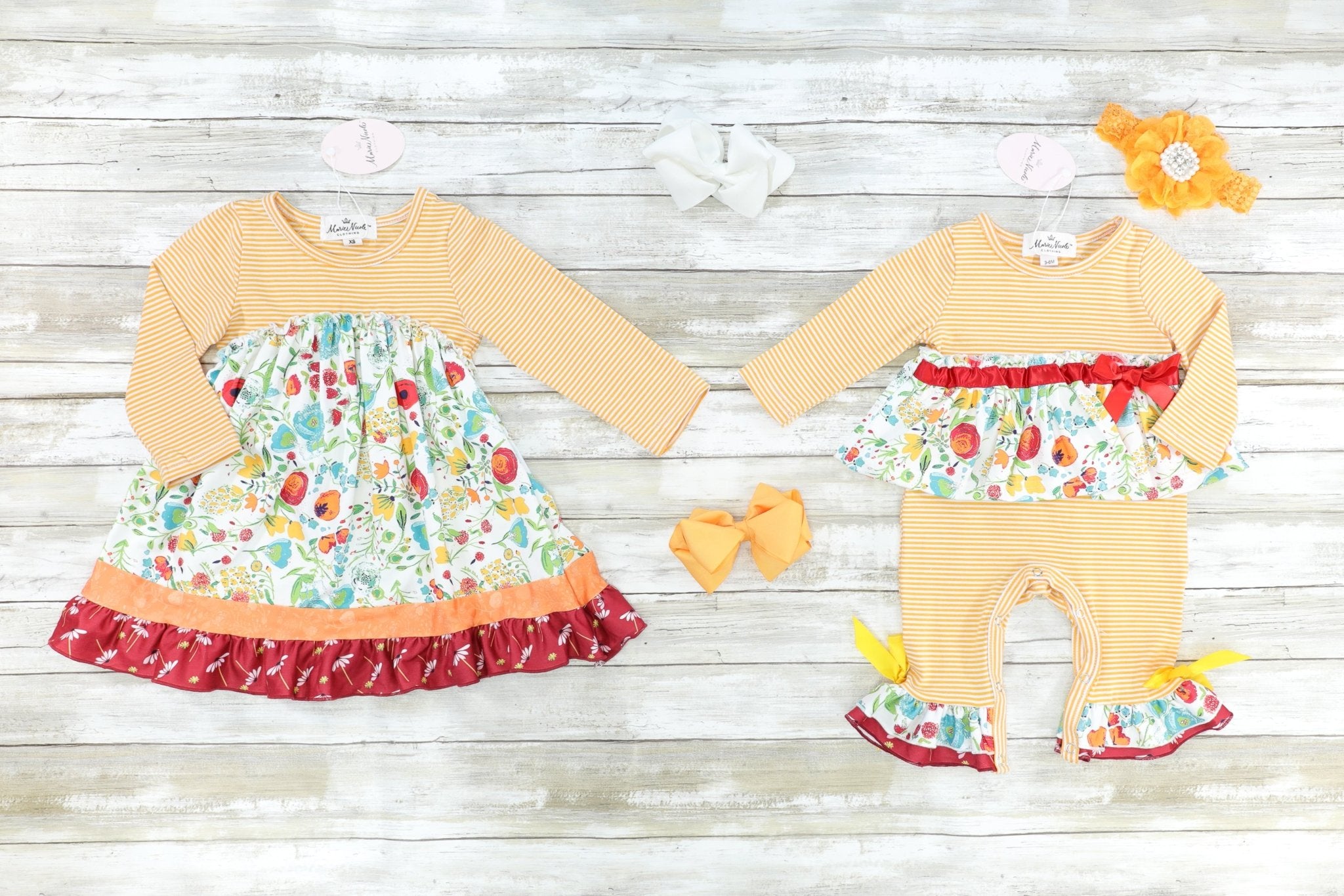 Striped Orange & Red Floral Watercolor Ruffle Romper - Marie Nicole Clothing