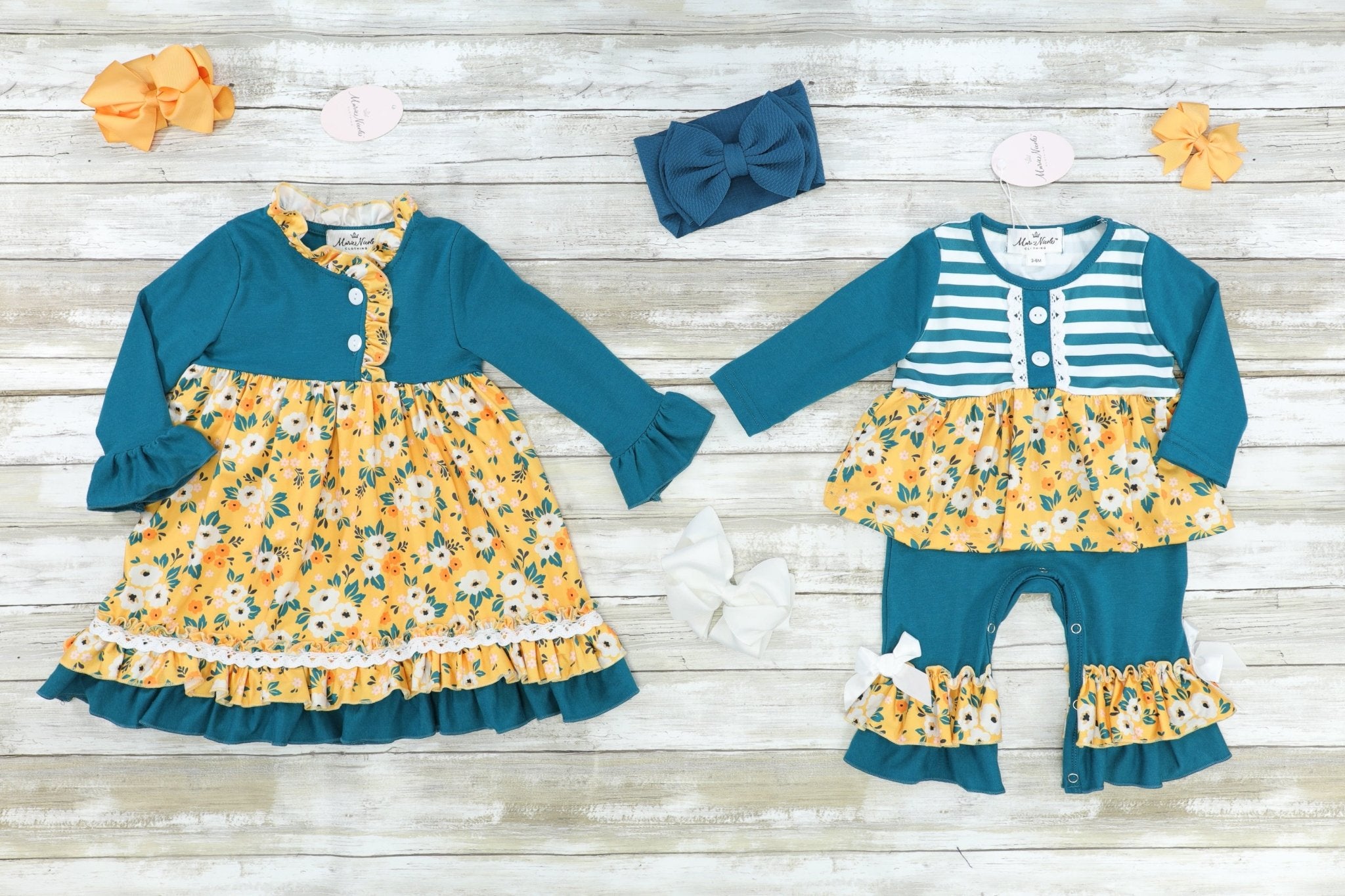 Peacock Blue Striped & Floral Ruffle Romper - Marie Nicole Clothing