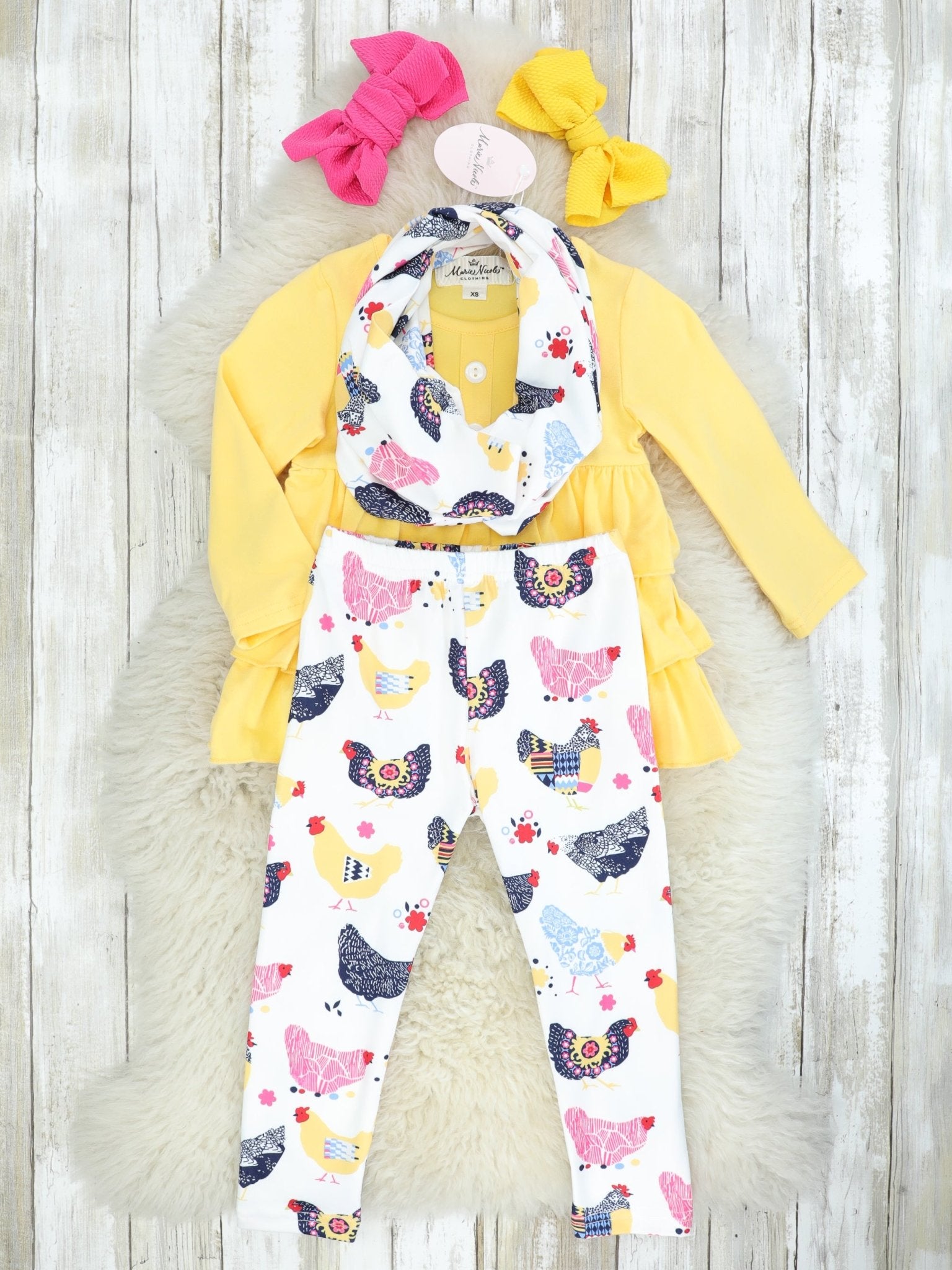Yellow Ruffle Top & Shabby Chic Chicken Print Bottoms W/ Scarf - Marie Nicole Clothing