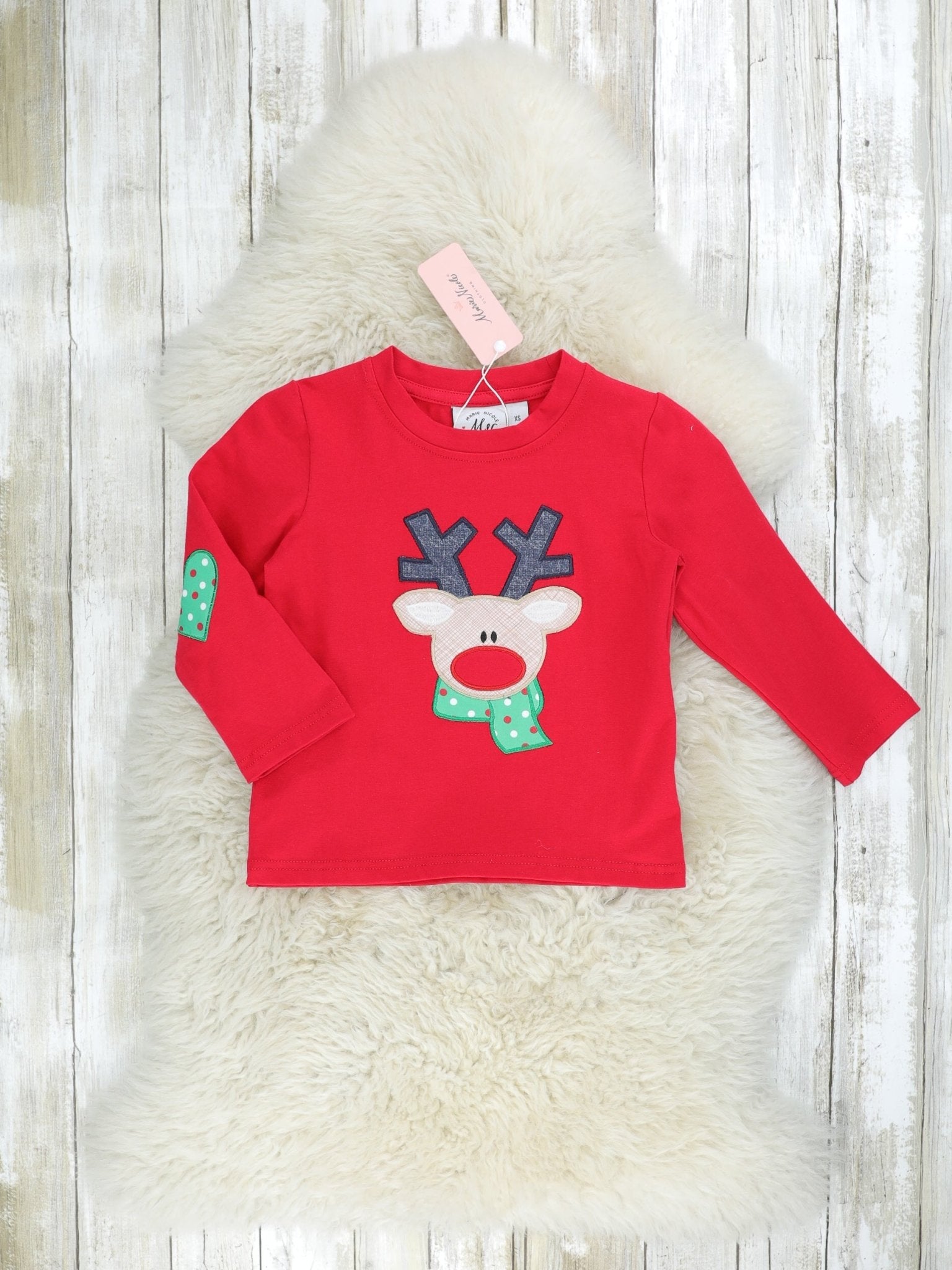 Red & Green Reindeer Shirt - Marie Nicole Clothing
