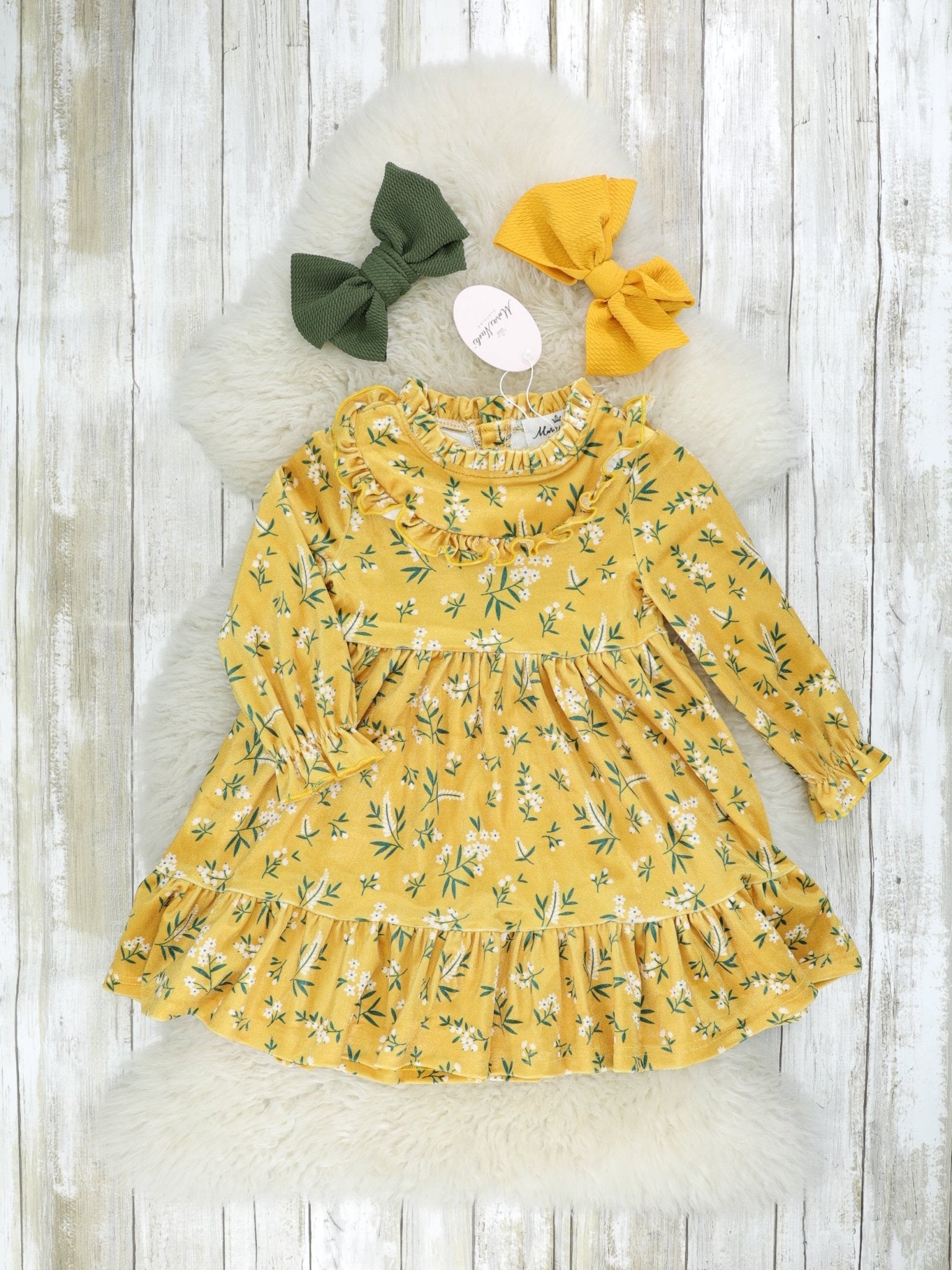 Mustard Baby's Breath Mock Neck Ruffle Dress - Marie Nicole Clothing