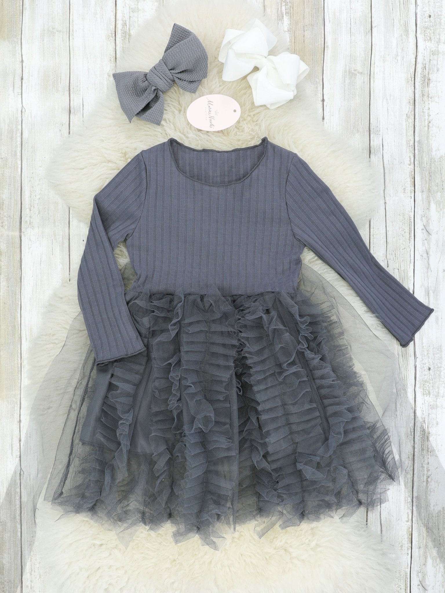 Grey Ribbed Tulle Dress - Marie Nicole Clothing