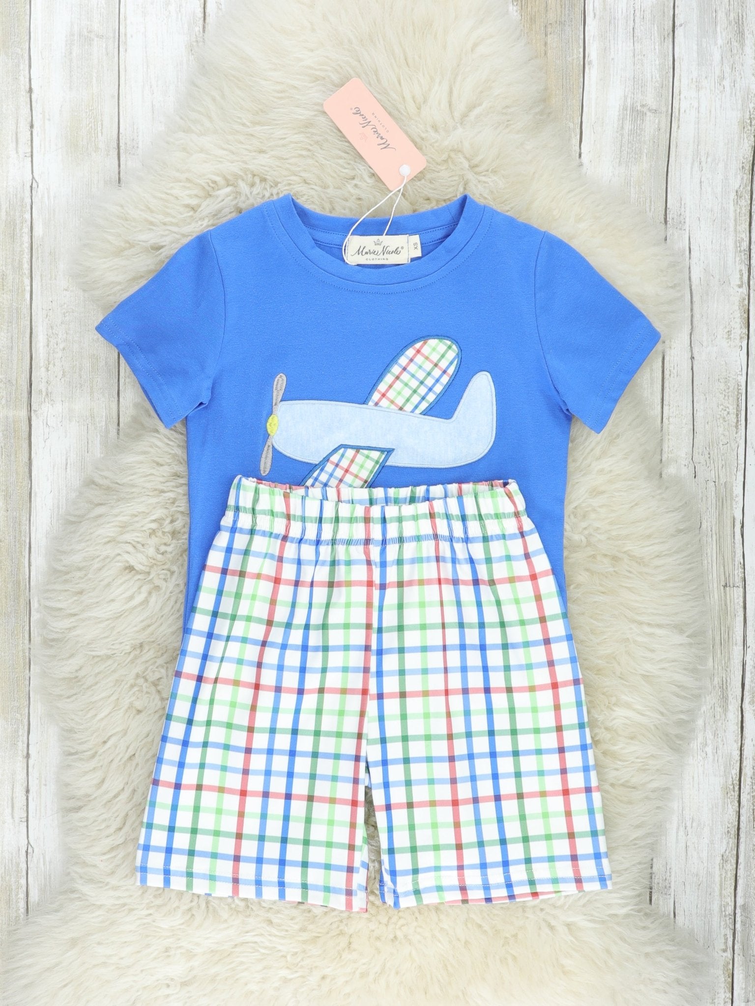 Blue Plaid Airplane Outfit - Marie Nicole Clothing