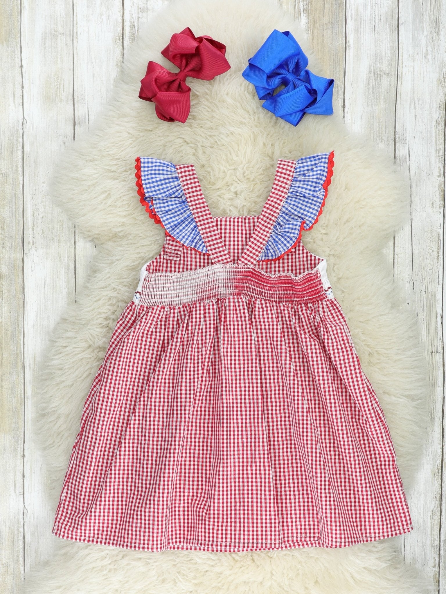 Red Gingham American Heart Smocked Dress - Marie Nicole Clothing