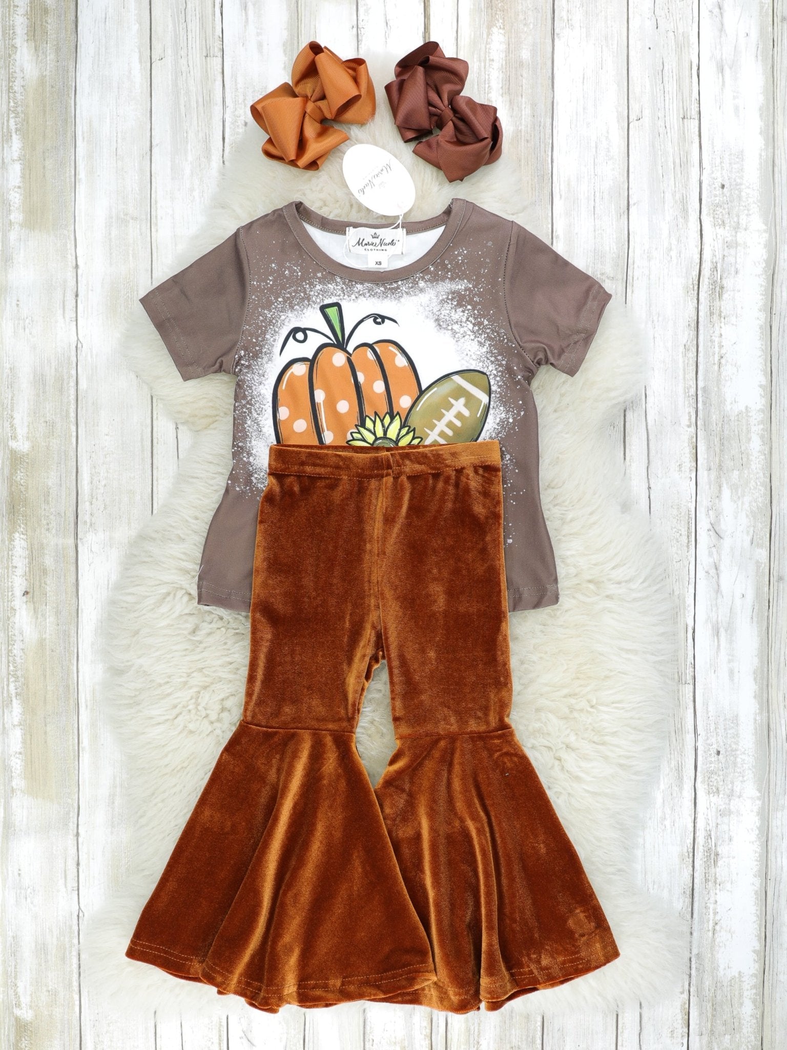 Brown Football Top & Velvet Bell Bottoms Outfit - Marie Nicole Clothing