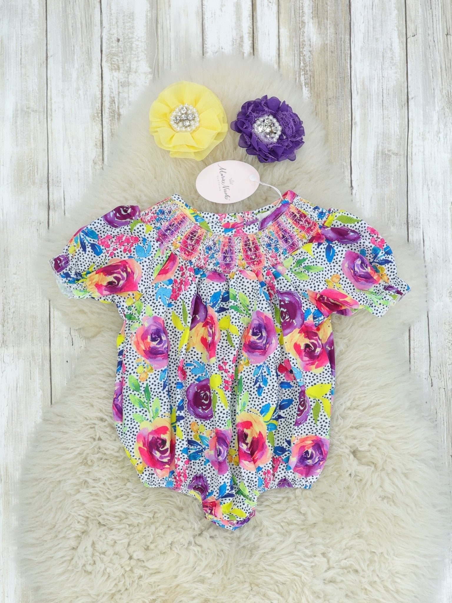 Smocked Bright Rose Bubble Romper - Marie Nicole Clothing