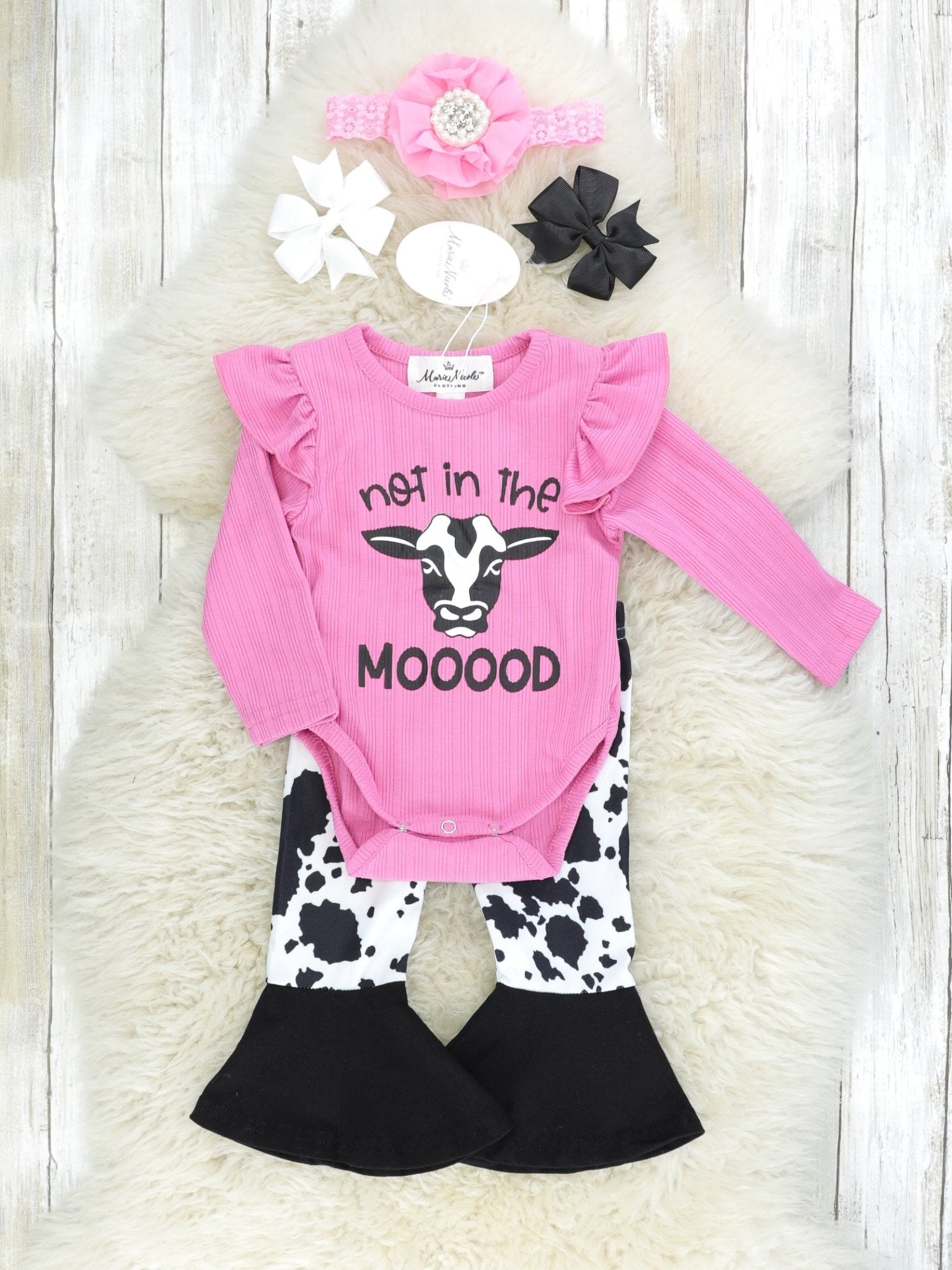 Fuchsia "Not In The MOOOOD" Ruffle Romper & Cow Print Bell Bottoms Outfit - Marie Nicole Clothing