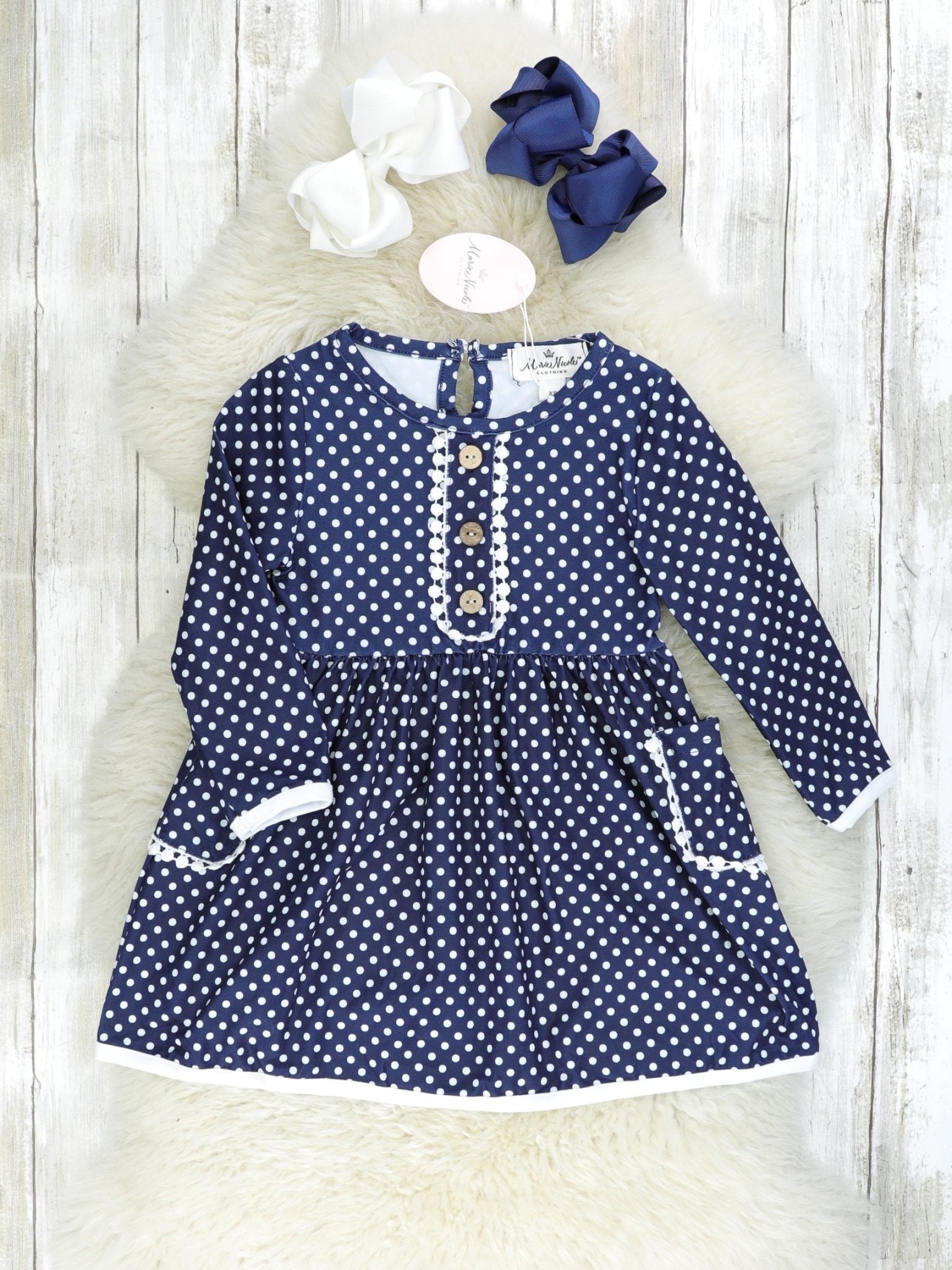 Navy Polka Dot Pom Pom Pocket Dress - Marie Nicole Clothing
