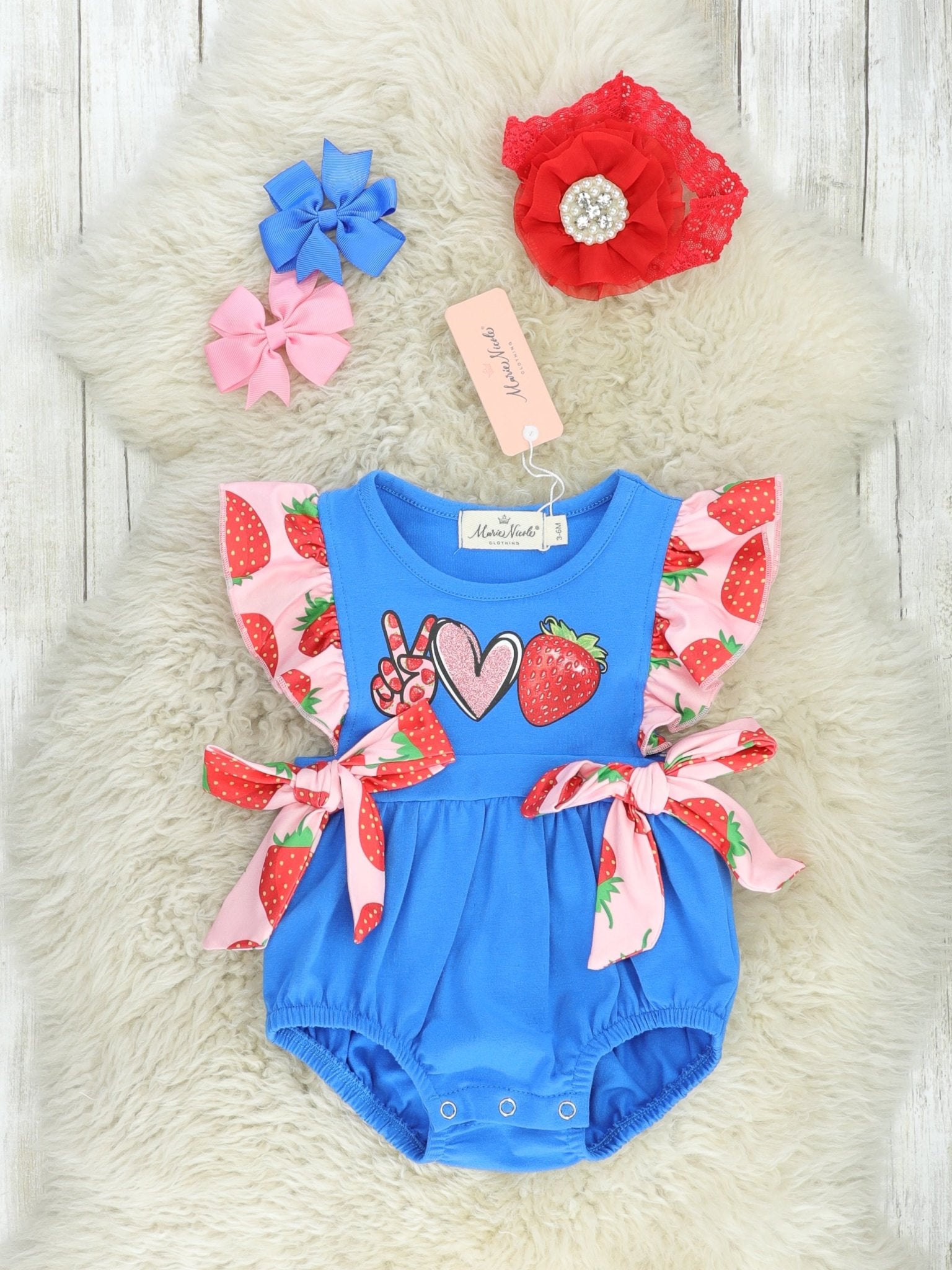 Peace, Love, Strawberry Ruffle Bubble Romper - Marie Nicole Clothing