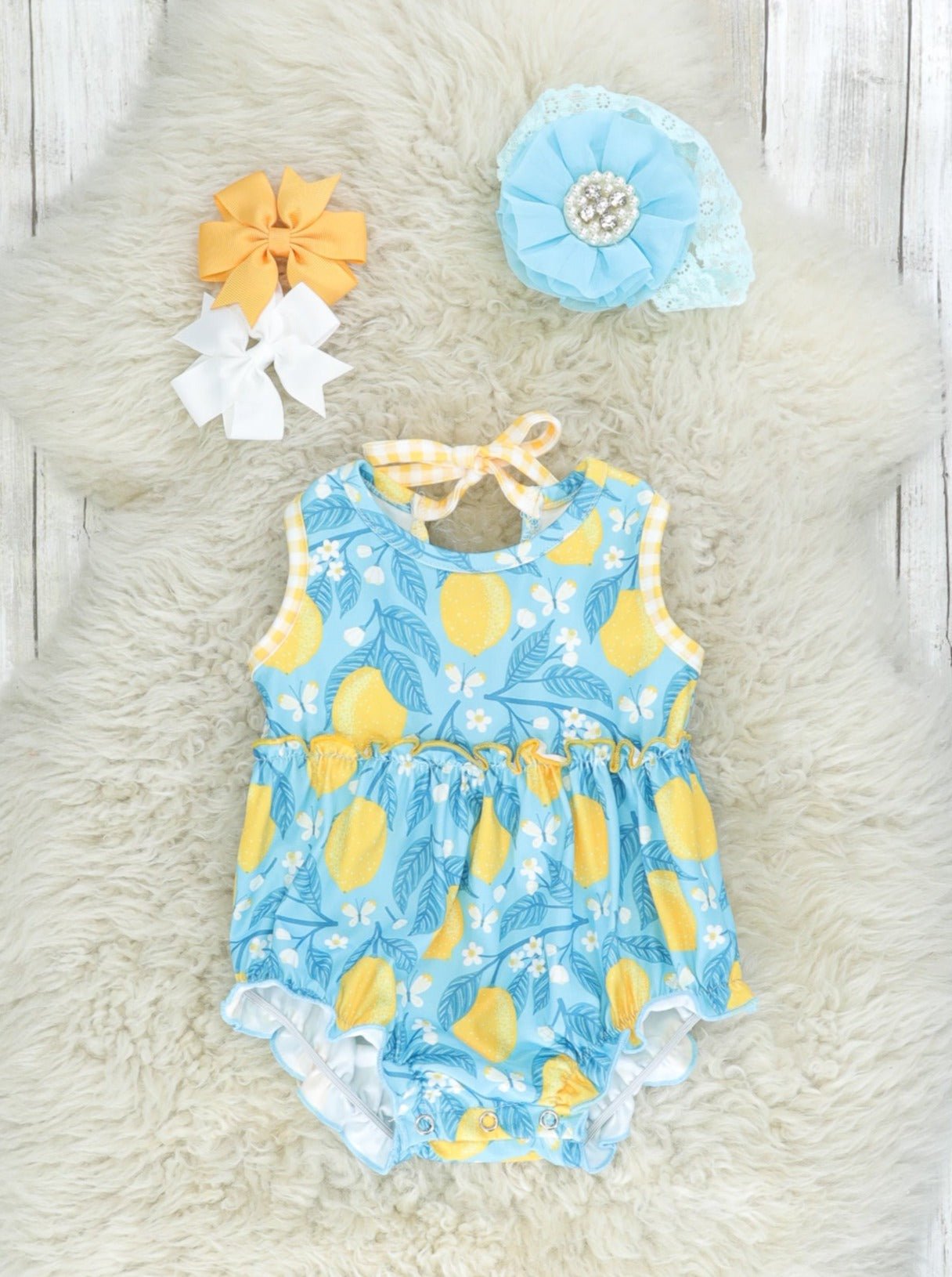 Blue Lemon Tie Ruffle Bubble Romper - Marie Nicole Clothing
