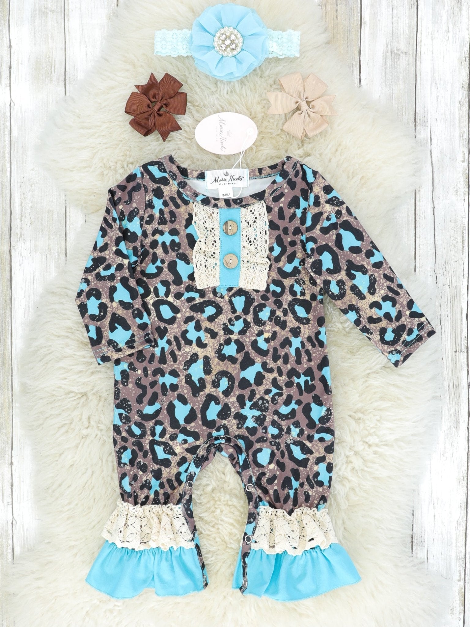 Bright Blue Leopard Ruffle Romper - Marie Nicole Clothing