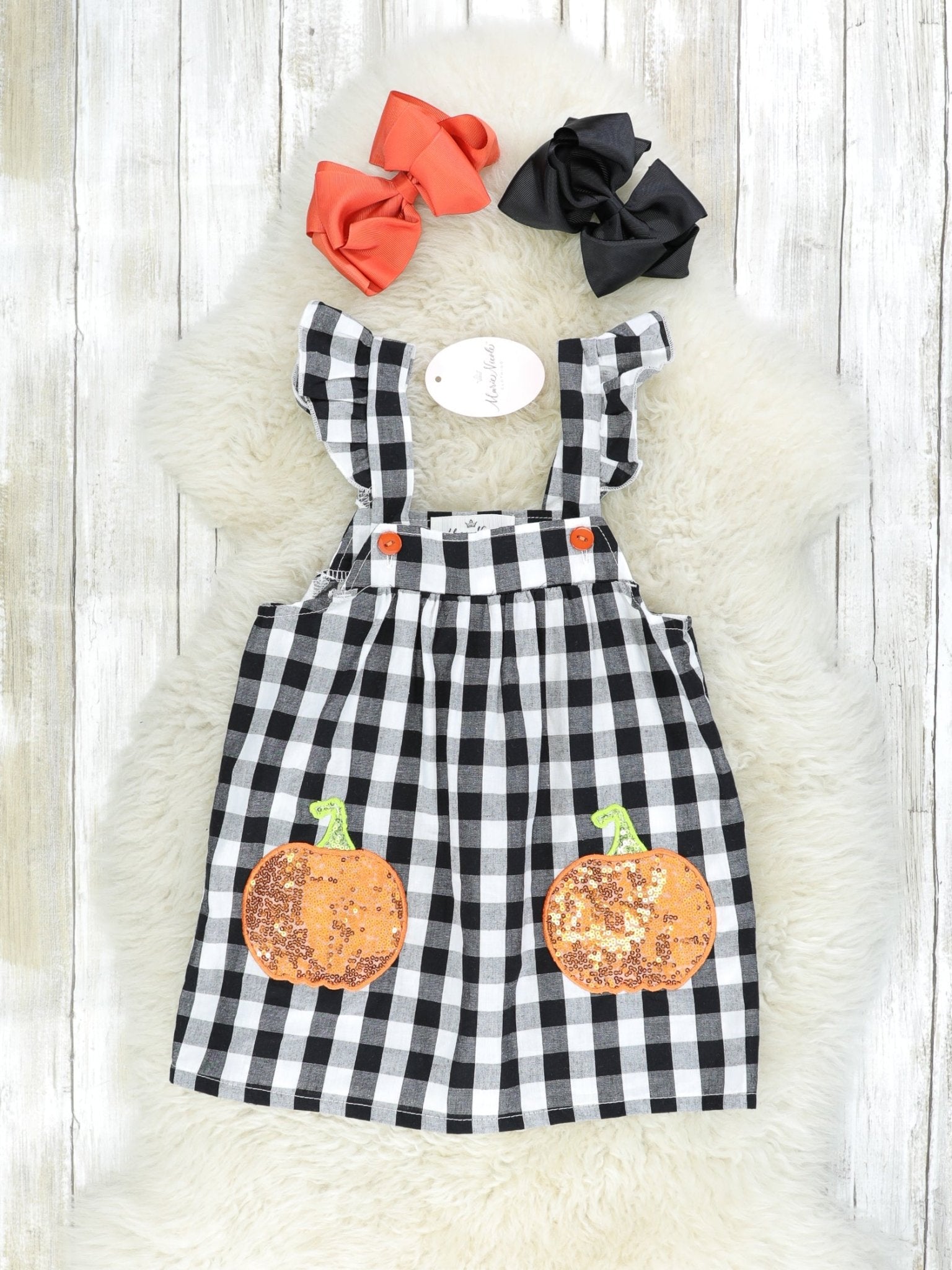 Orange Top & Gingham Sequin Pumpkin Overall Dress Set - Marie Nicole Clothing