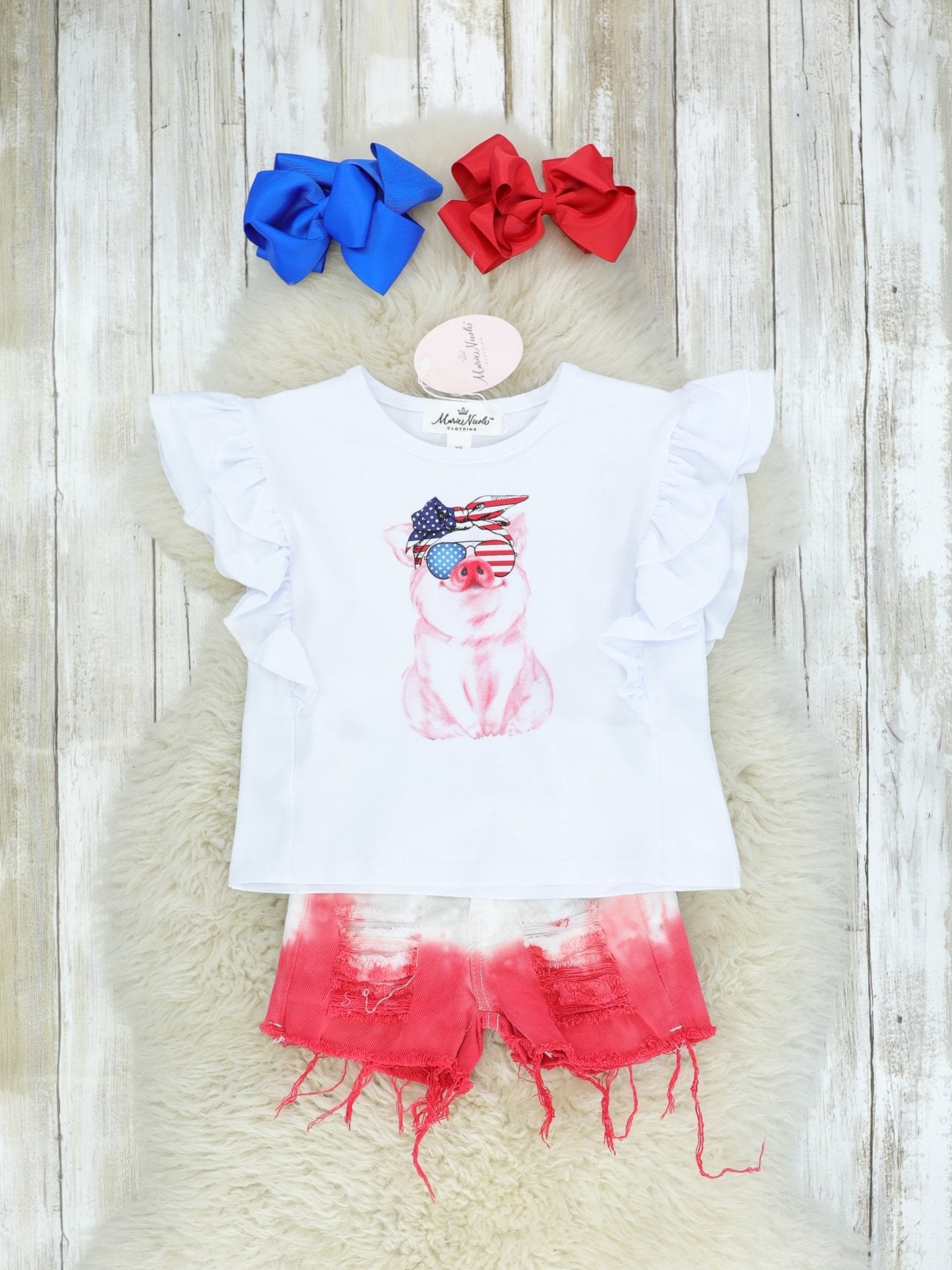 Red, White, & Blue Pig Top & Ombre Shorts Outfit - Marie Nicole Clothing