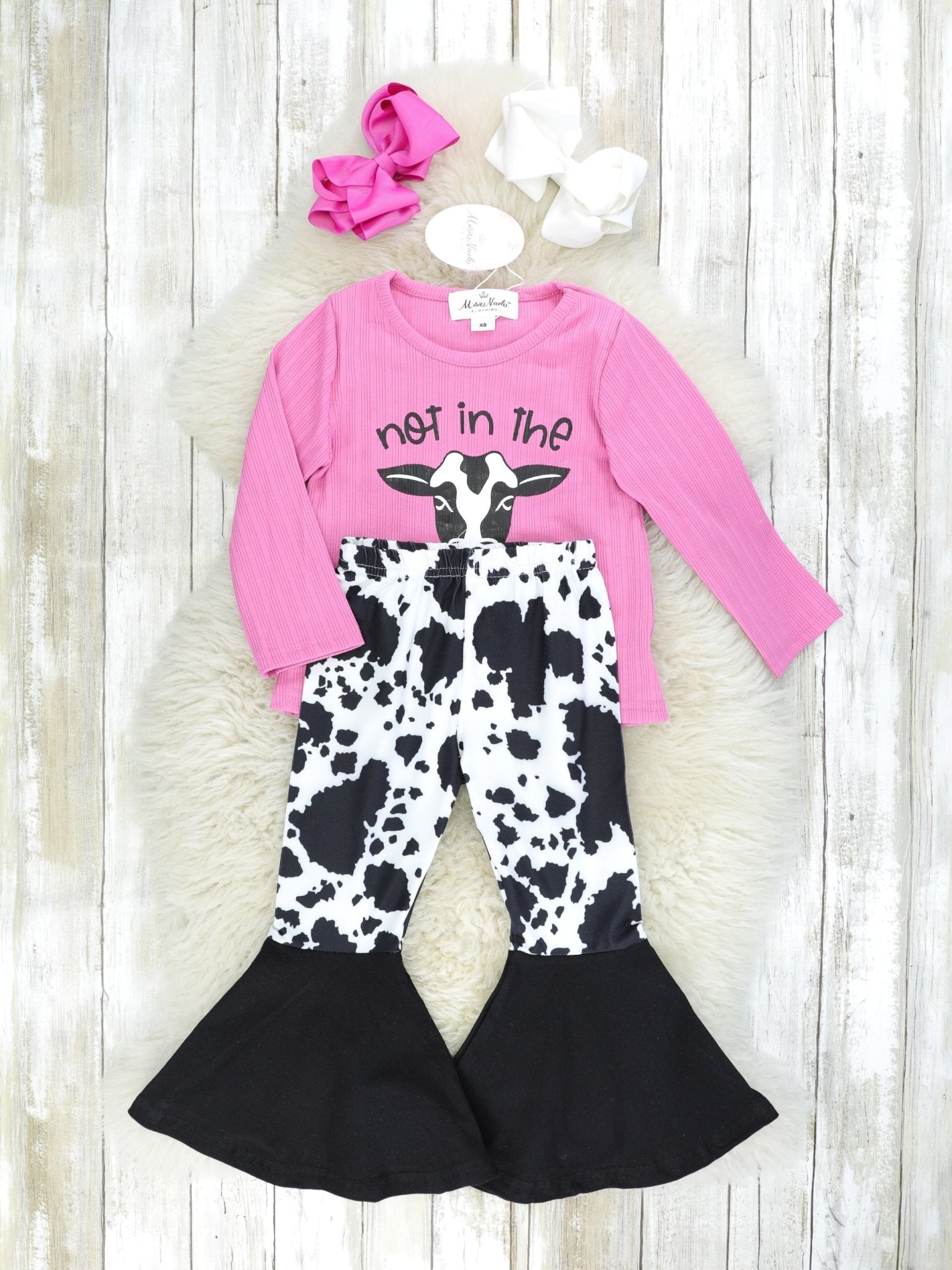 Fuchsia "Not In The MOOOOD" Top & Cow Print Bell Bottoms - Marie Nicole Clothing
