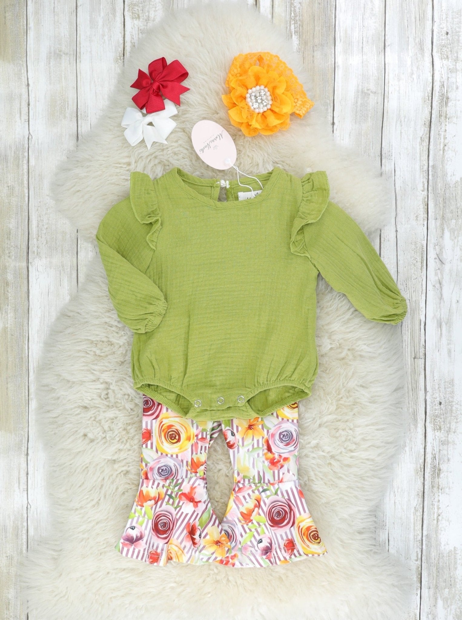 Olive Ruffle Onesie & Bright Rose Bell Bottoms - Marie Nicole Clothing