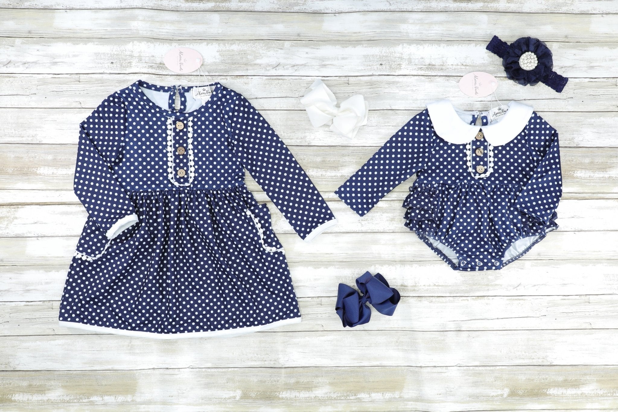 Navy Polka Dot Ruffle Bubble Romper - Marie Nicole Clothing