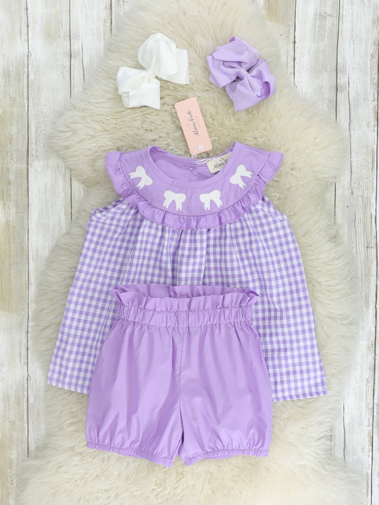 Purple Gingham Bow Ruffle Outfit - Marie Nicole Clothing