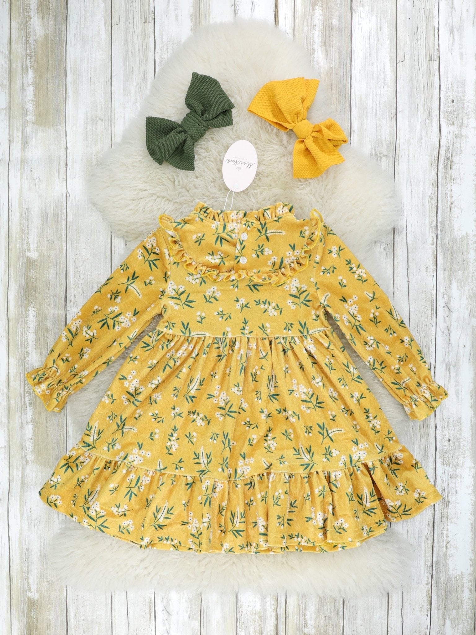 Mustard Baby's Breath Mock Neck Ruffle Dress - Marie Nicole Clothing