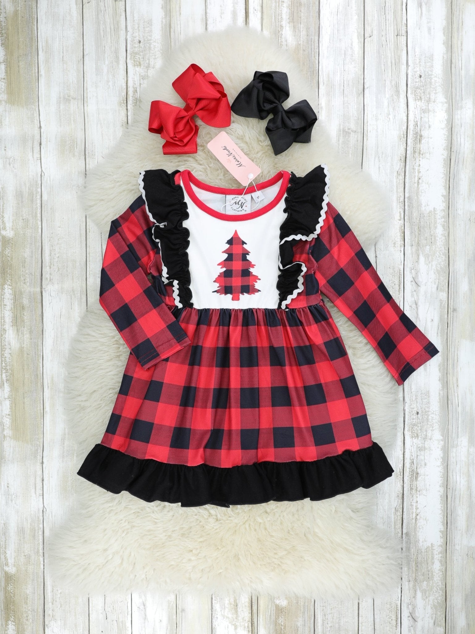 Buffalo Plaid Christmas Tree Ruffle Dress - Marie Nicole Clothing