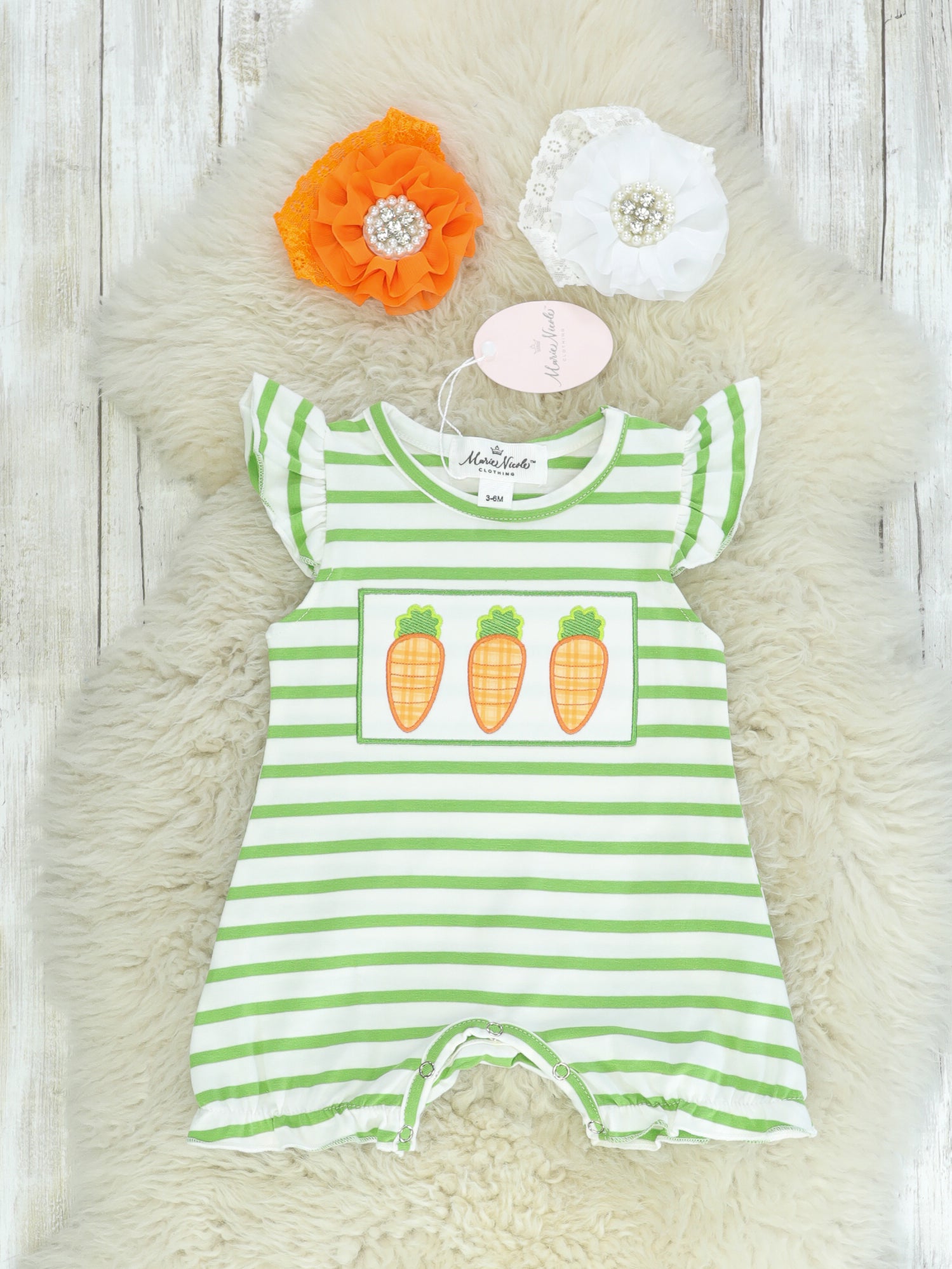 Green Carrot Ruffle Romper - Marie Nicole Clothing