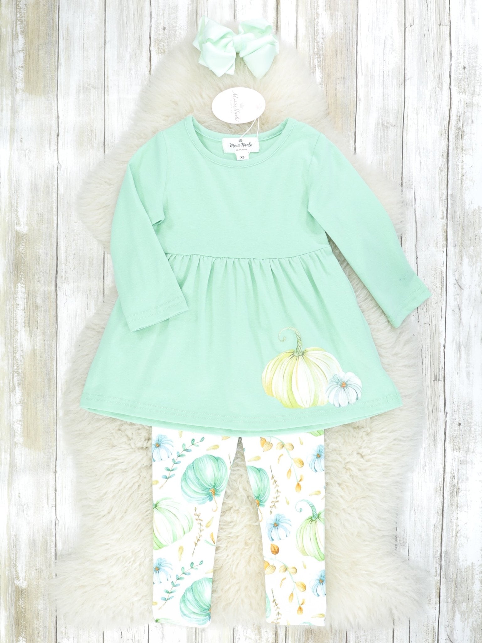 Green & Blue Pumpkin Peplum Top & Bottoms Outfit W/ Scarf - Marie Nicole Clothing
