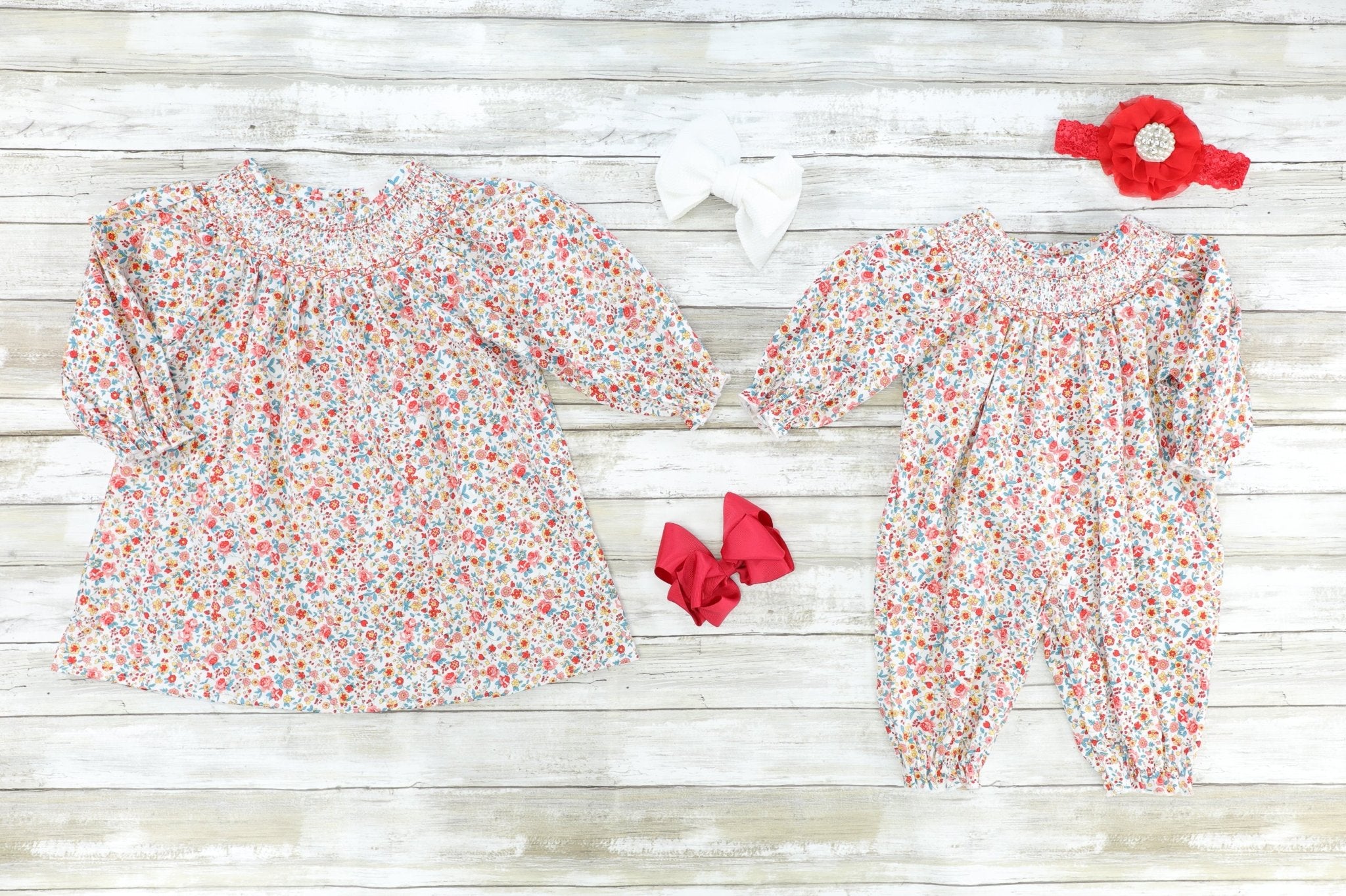 Red Ditsy Floral Smocked Dress - Marie Nicole Clothing