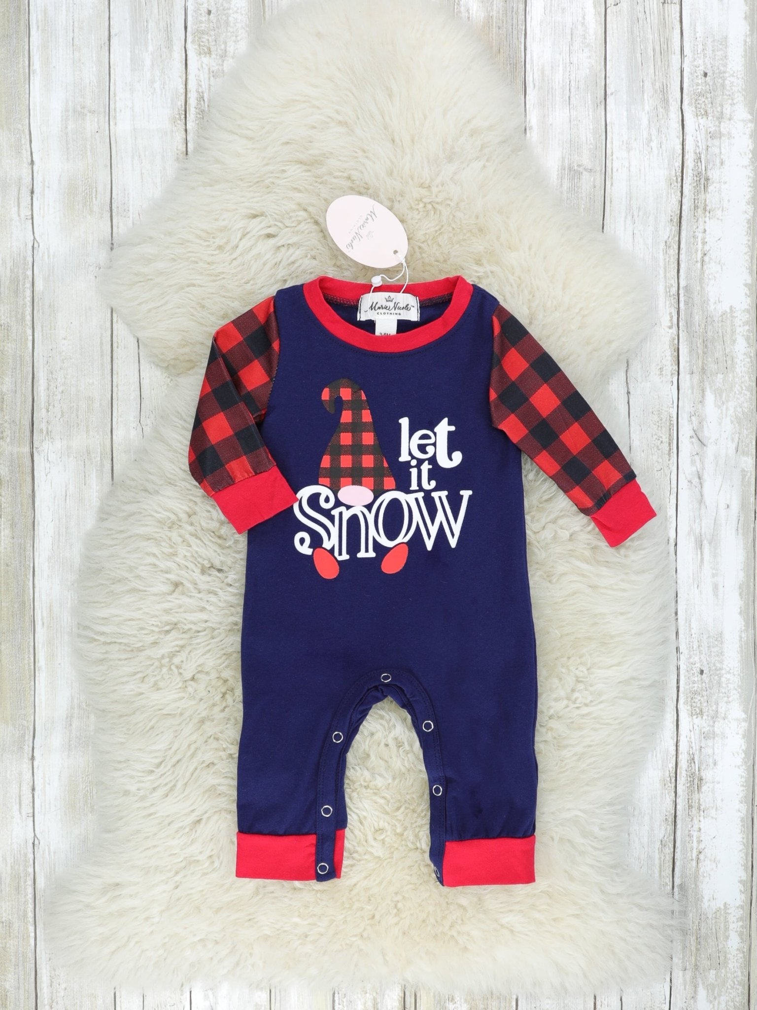 Buffalo Plaid "Let It Snow" Raglan Romper - Marie Nicole Clothing