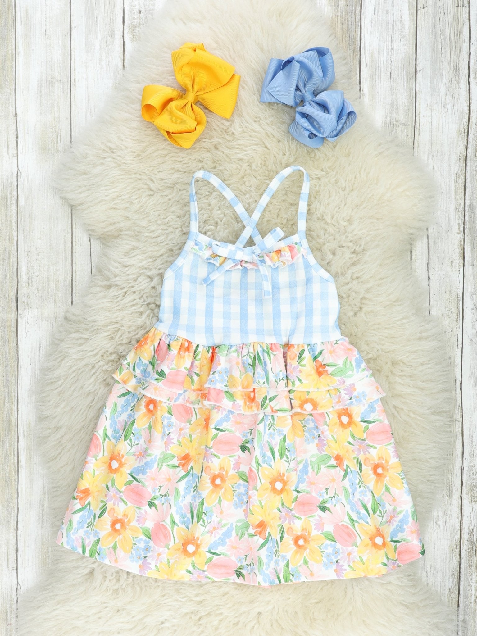 Blue Gingham & Yellow Floral Ruffle Dress - Marie Nicole Clothing