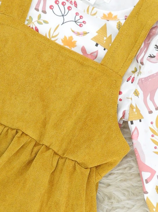 Mustard Suede Dress & Deer Ruffle Top Set - Marie Nicole Clothing