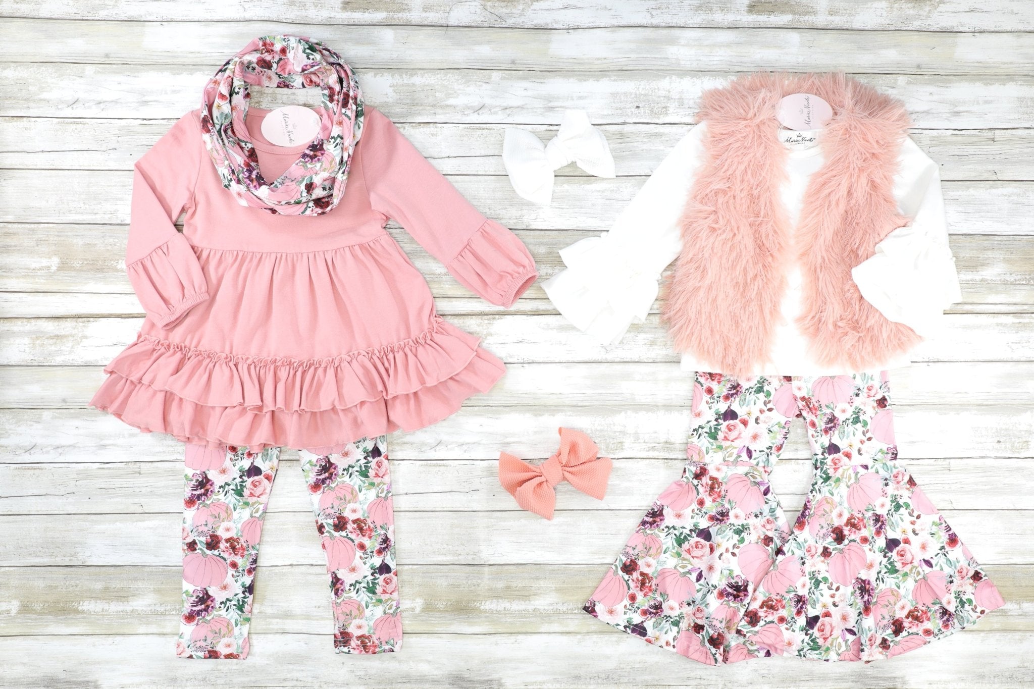 Mauve Fuzzy Vest & Floral Bell Bottoms Outfit - Marie Nicole Clothing