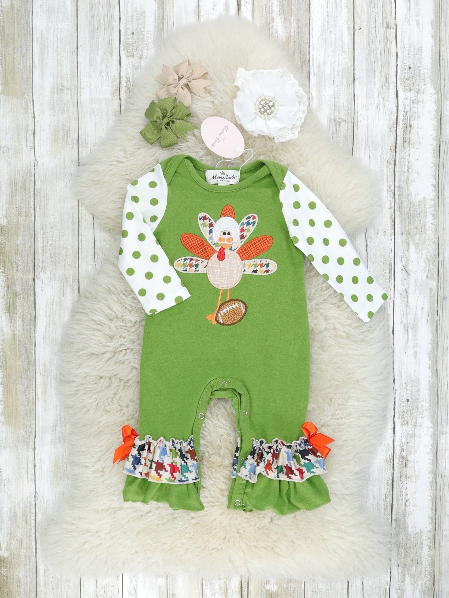 Green Houndstooth Turkey Ruffle Romper - Marie Nicole Clothing