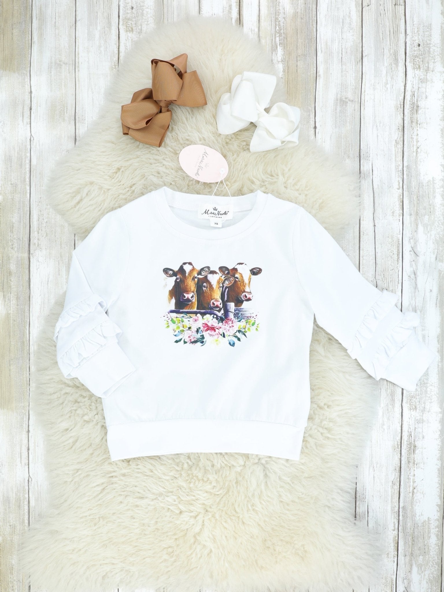 White Cow Ruffle Shirt - Marie Nicole Clothing