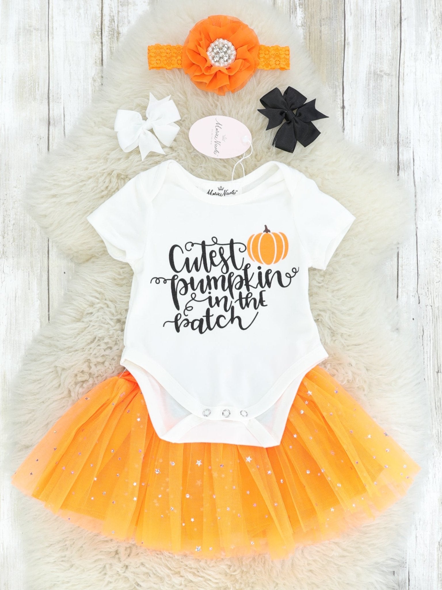 "Cutest Pumpkin In The Patch" Romper & Orange Tulle Skirt Outfit - Marie Nicole Clothing