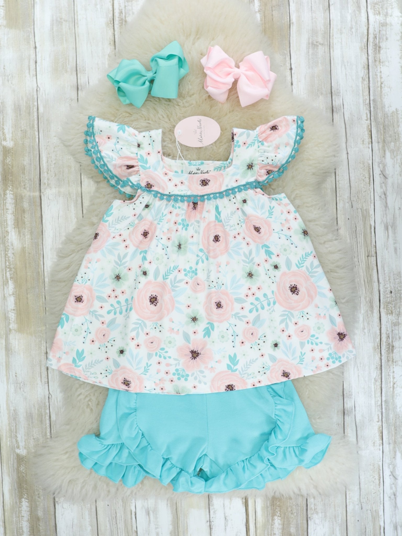 Pink Floral Top & Blue Ruffle Shorts Outfit - Marie Nicole Clothing