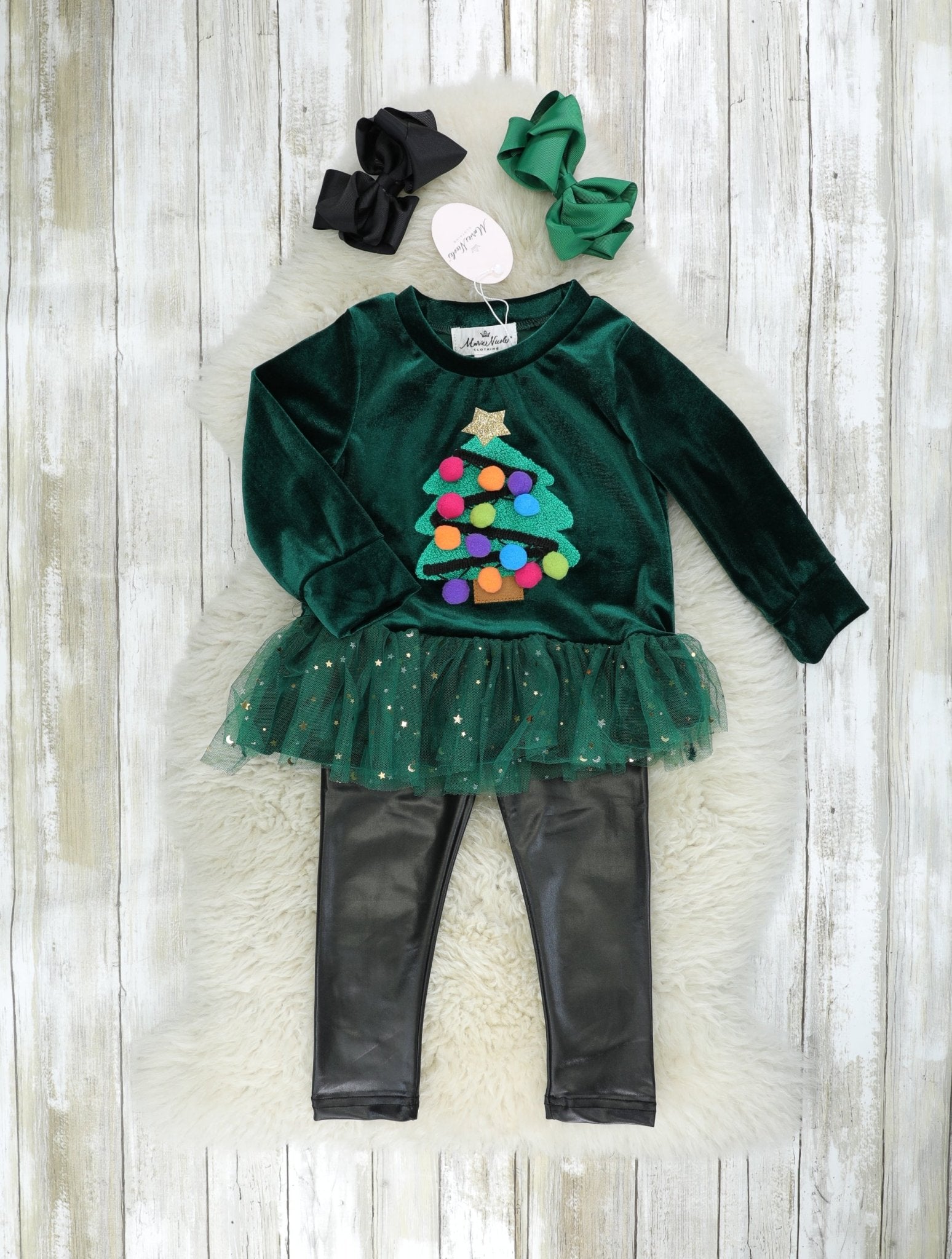 Pom Pom Christmas Tree Tulle Leather Outfit - Marie Nicole Clothing