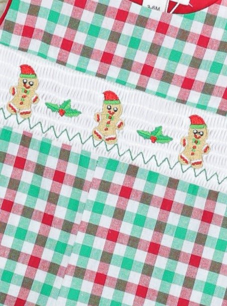 Red & Green Gingerbread Smocked Johnny - Marie Nicole Clothing
