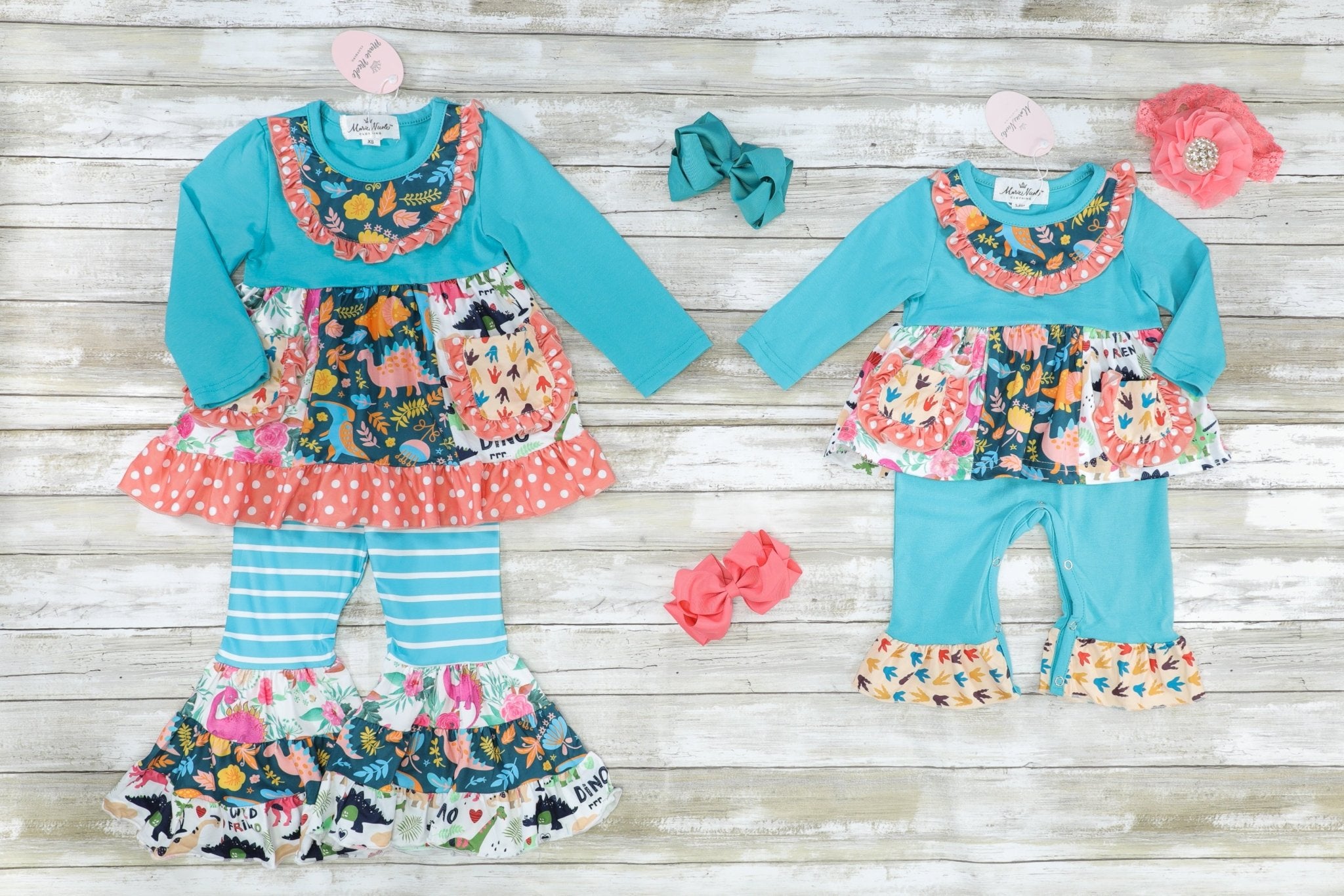 Pocket Flara Bells Outfit - Blue Dinosaurs - Marie Nicole Clothing
