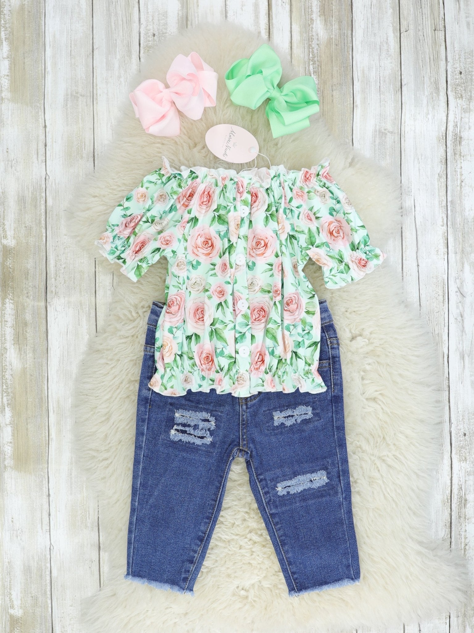 Off - the - shoulder Rose Top & Distressed Denim Outfit - Marie Nicole Clothing