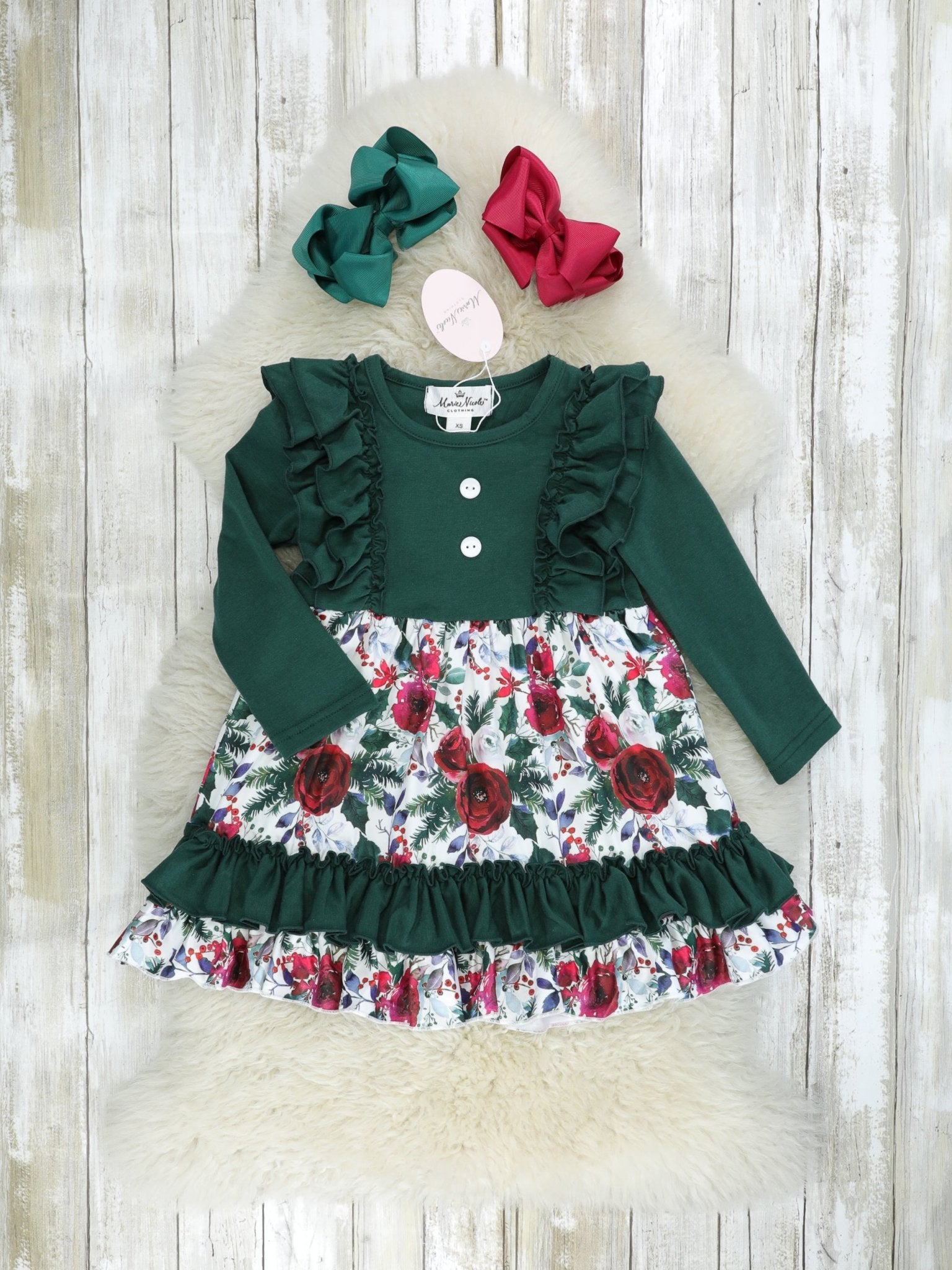 Hunter Green Rose Dress - Marie Nicole Clothing