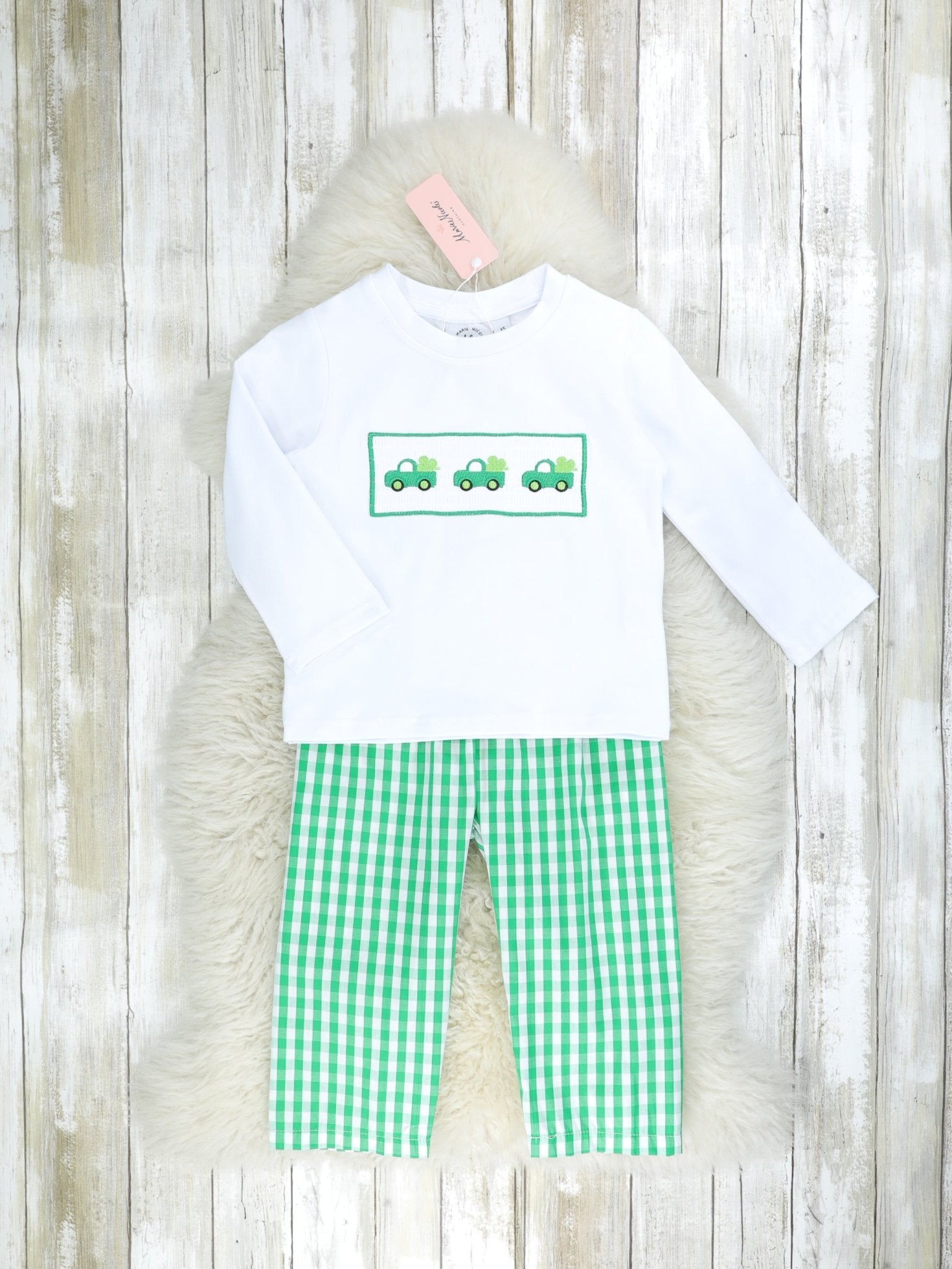 Green Gingham Smocked Clover Truck Outfit - Marie Nicole Clothing