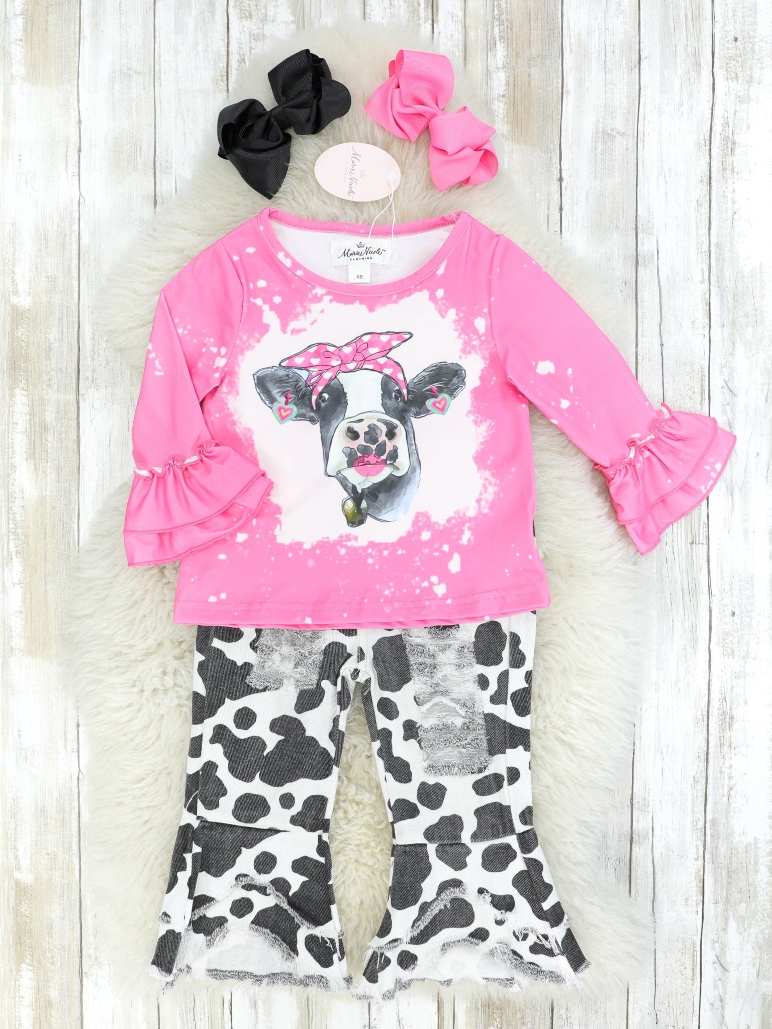 Pink Bleached Cow Top & Distressed Pants Outfit - Marie Nicole Clothing