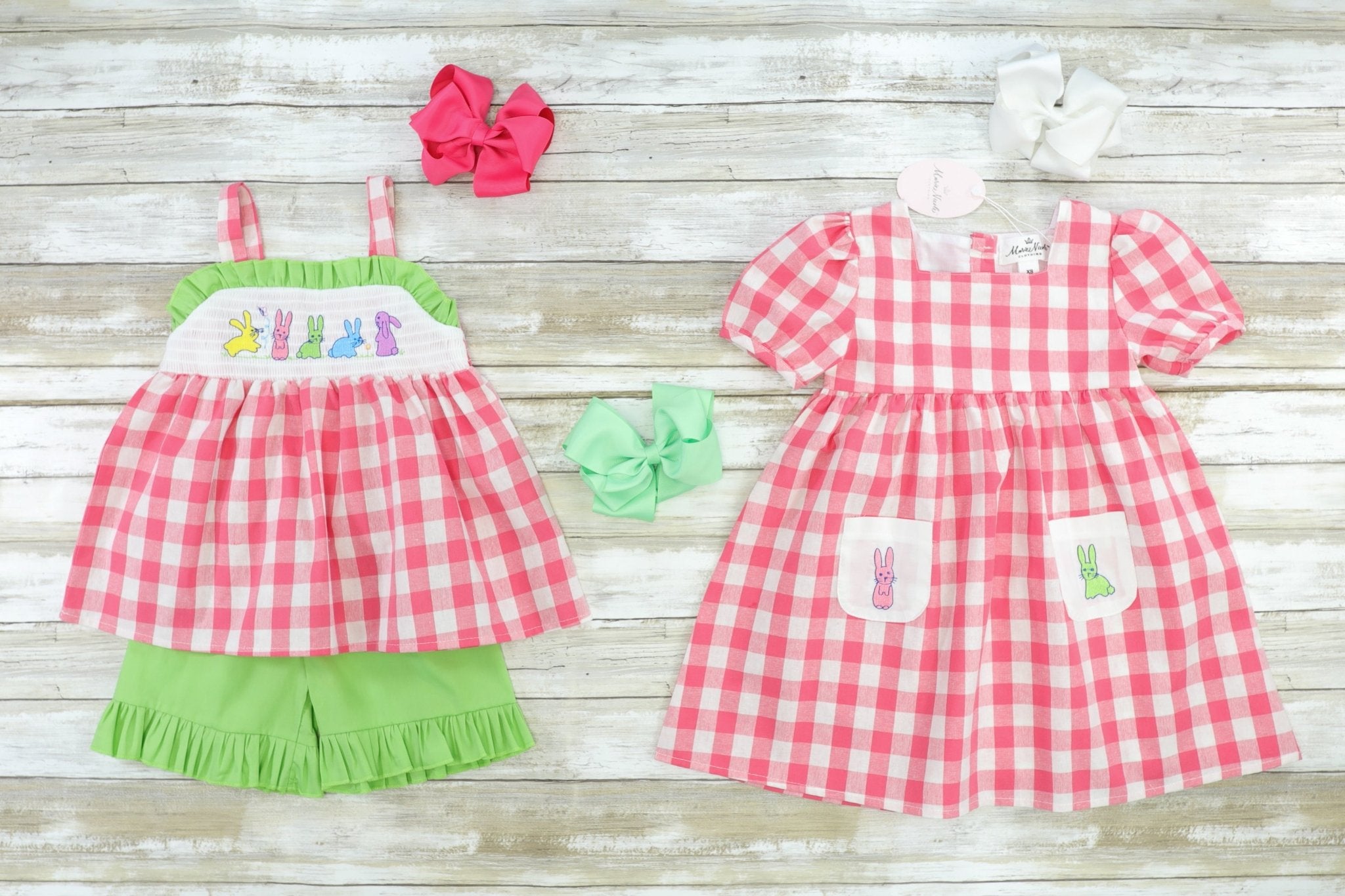 Picnic Bunnies Cotton Green Check Bubble Romper - Marie Nicole Clothing