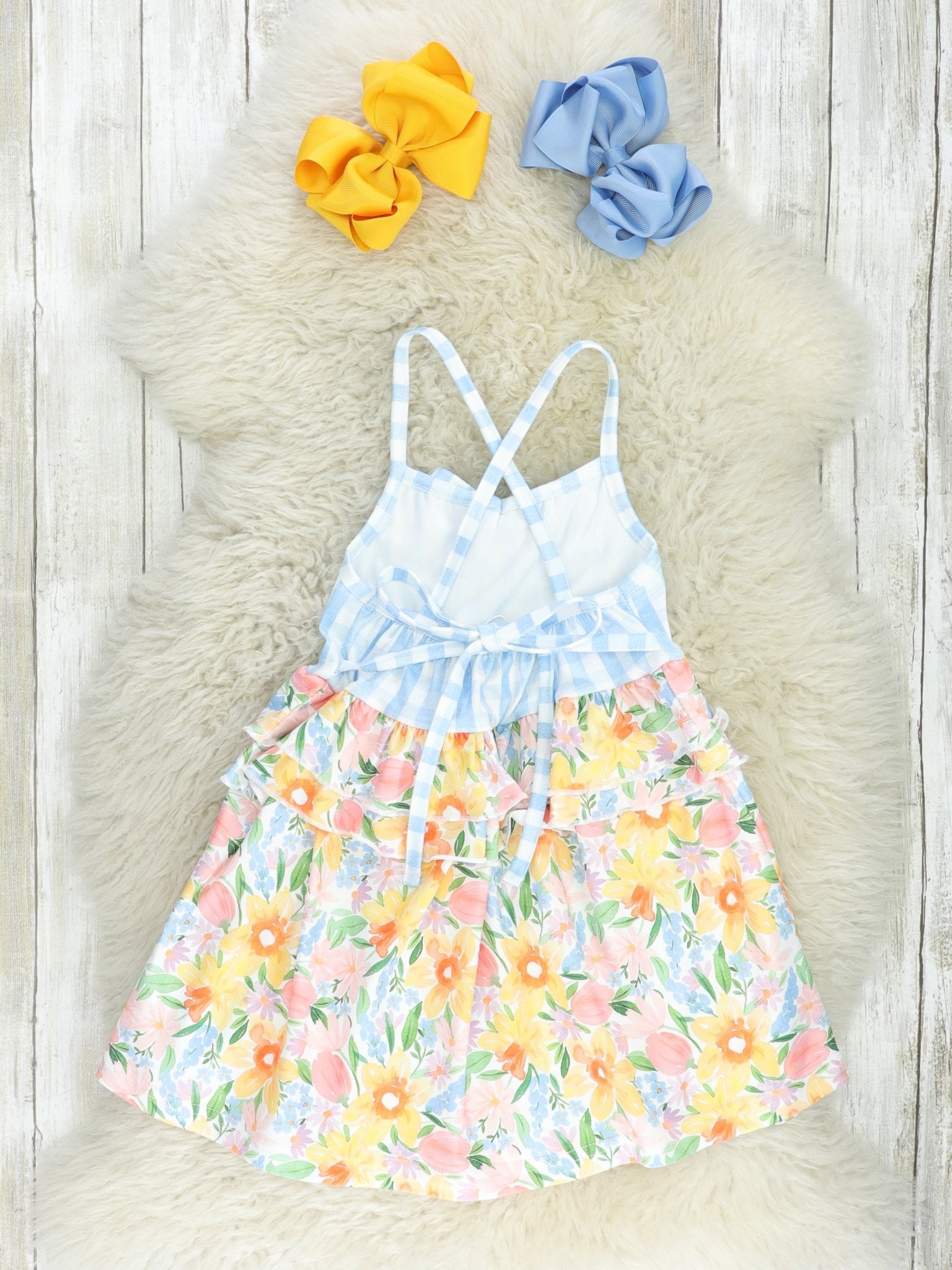 Blue Gingham & Yellow Floral Ruffle Dress - Marie Nicole Clothing