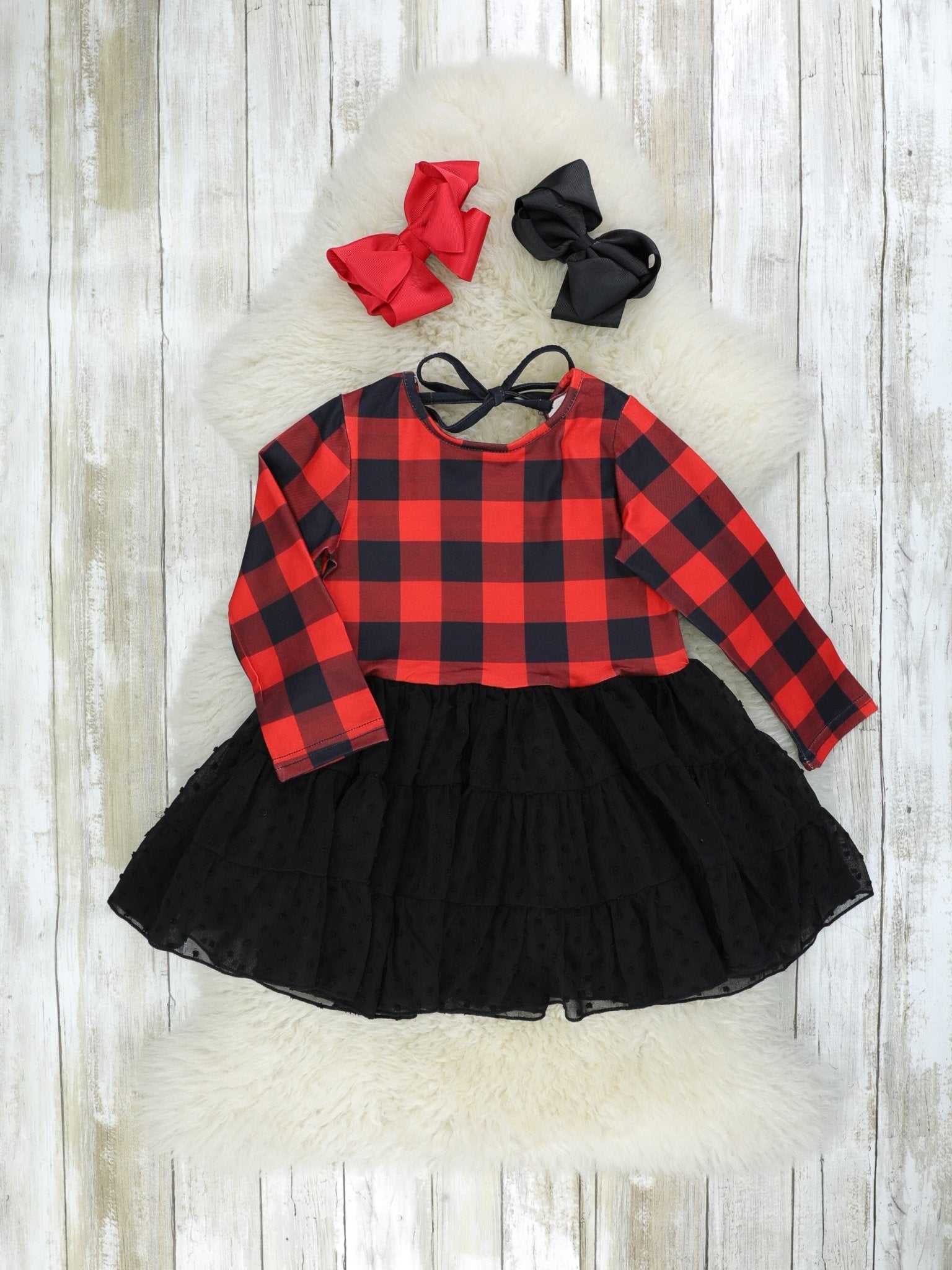 Buffalo Plaid Swiss Dot Tie Dress - Marie Nicole Clothing