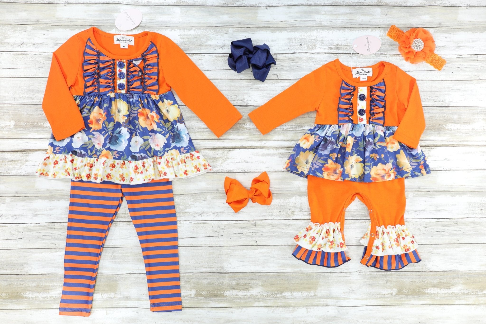 Navy Floral Ruffle Tunic & Orange Striped Bottoms Outfit - Marie Nicole Clothing