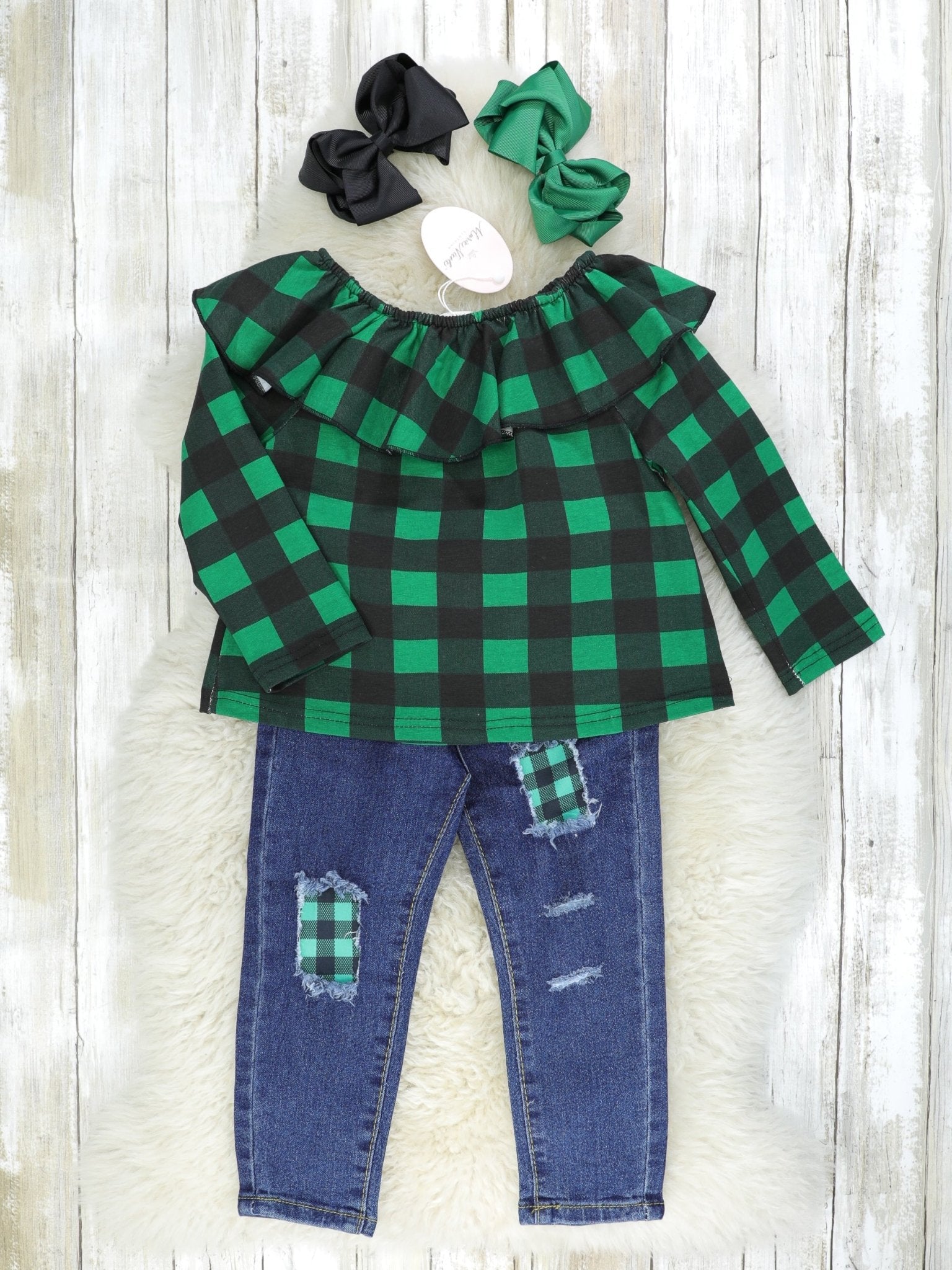 Green / Black Plaid Ruffle Top & Distressed Denim Outfit - Marie Nicole Clothing