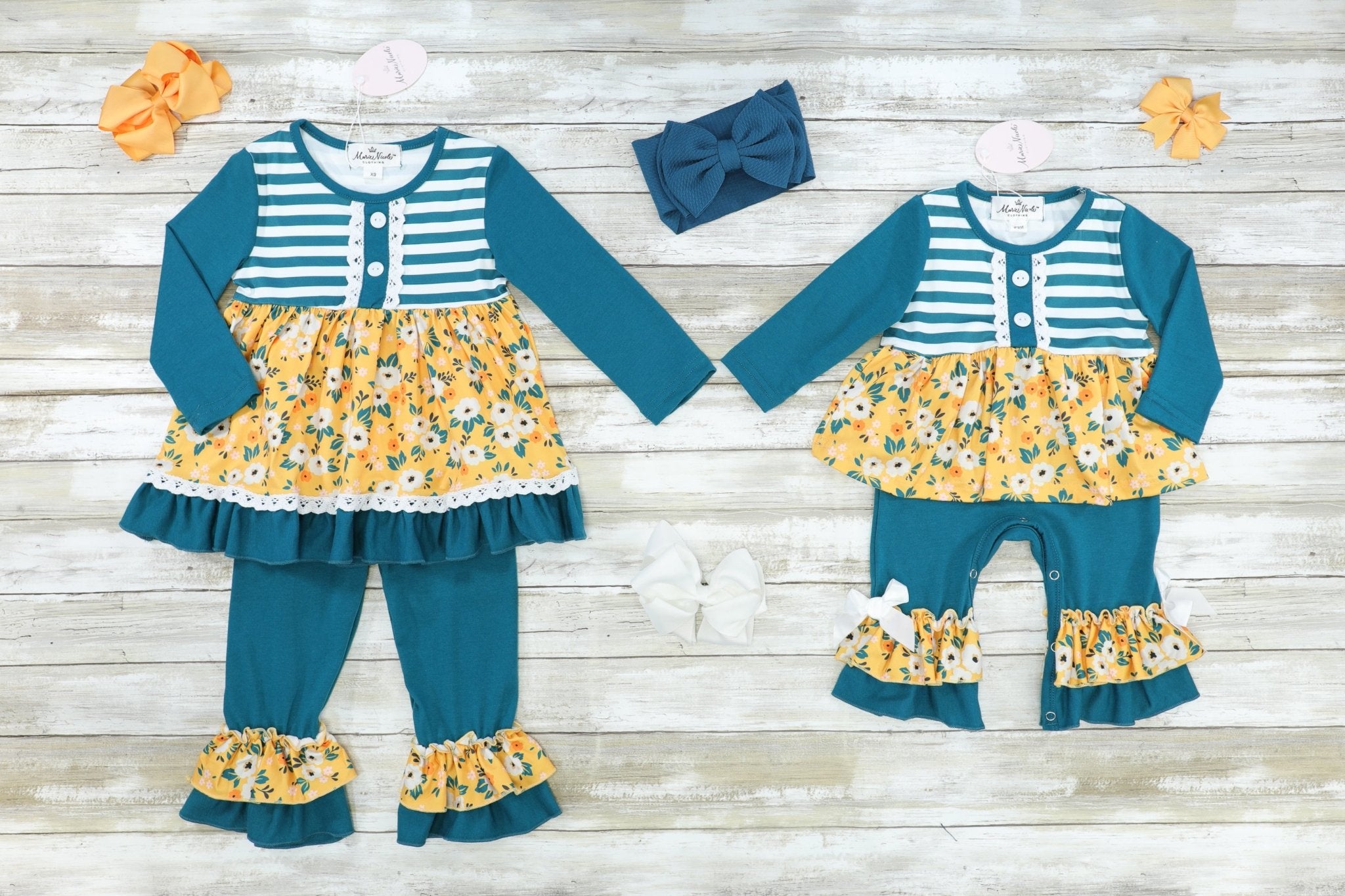 Peacock Blue Striped & Floral Ruffle Romper - Marie Nicole Clothing